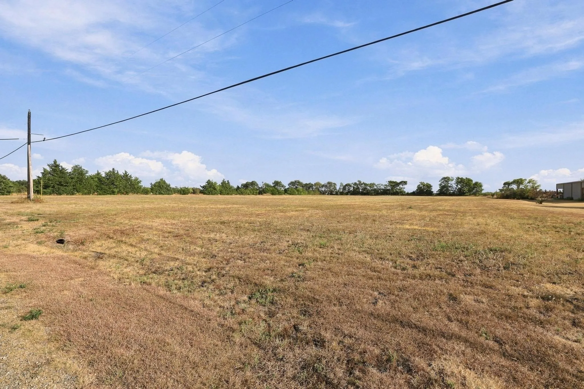 Expansive open land with a clear sky backdrop, featuring a distant tree line and utility pole