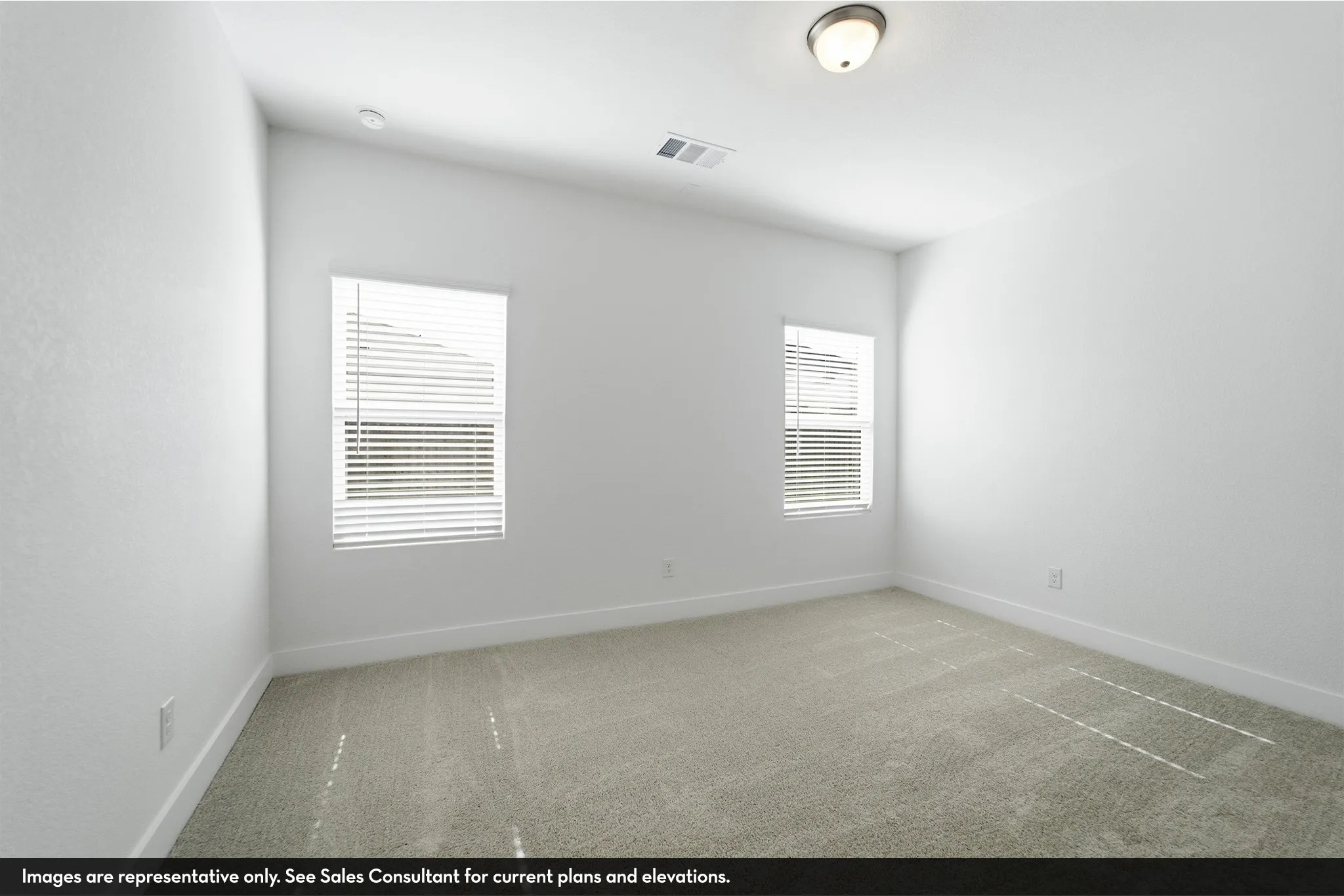Neutral wall color, carpeted flooring, two windows with blinds, and a flush mount ceiling light fixture