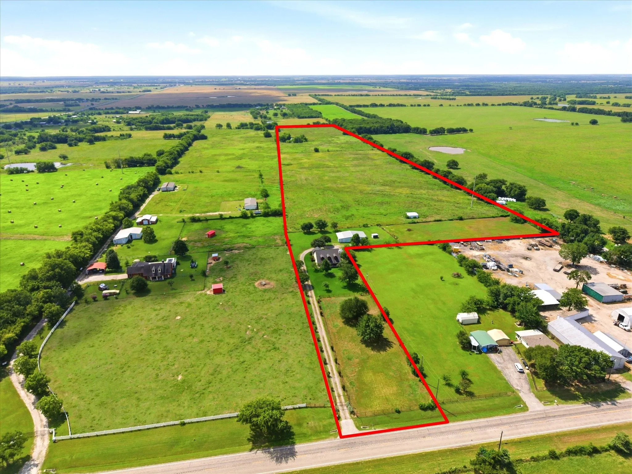 Red boundaries are estimated. Front pasture for livestock plus fenced side yard and additional enclosed pasture next to the 5 stall barn. Beyond is a fenced hay meadow or pasture for grazing. Ag Exemption in place for lower property taxes.
