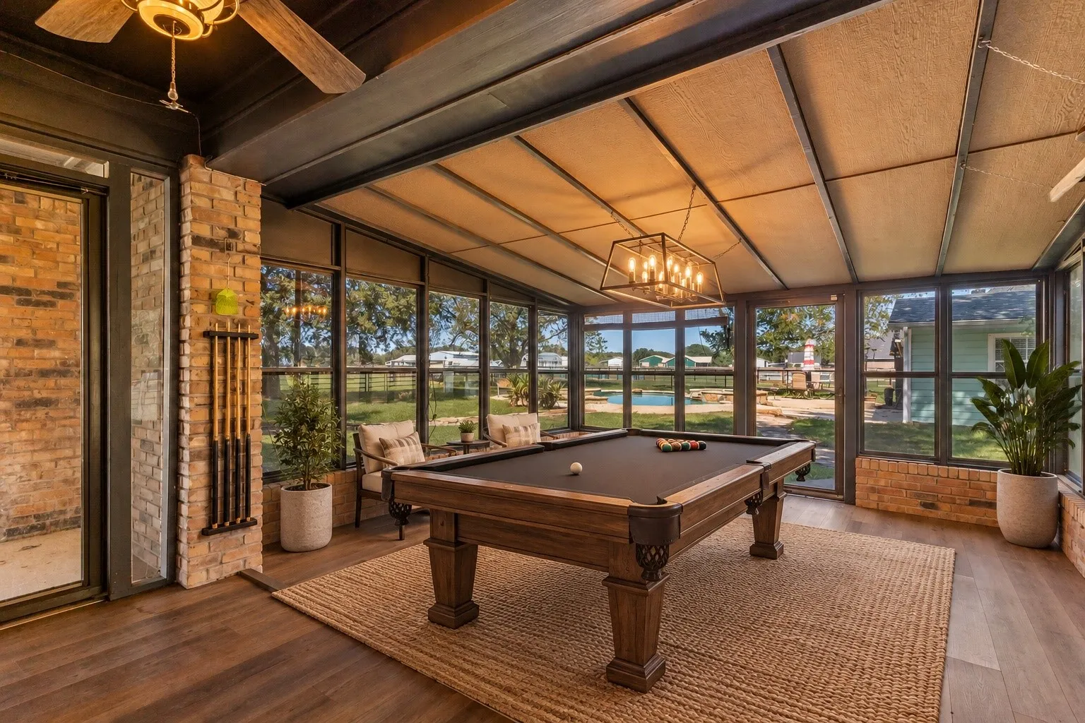 Virtually staged sunroom with full sized pool game table.