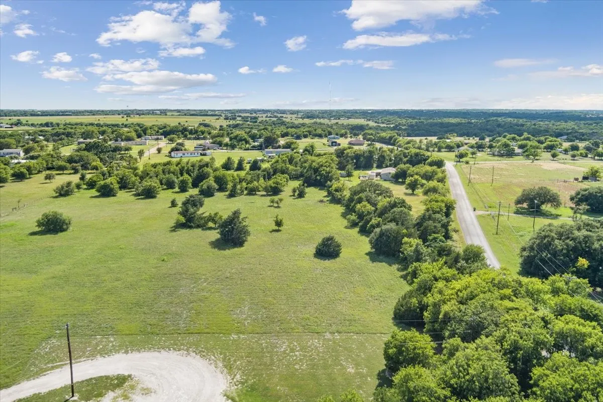 Expansive green acreage with scattered mature trees and a curvilinear access road