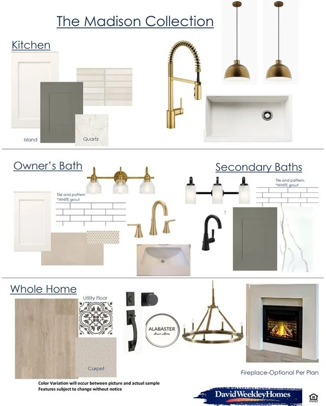 Design Specification Sheet. Illustrating material and fixture selections for different areas of the property