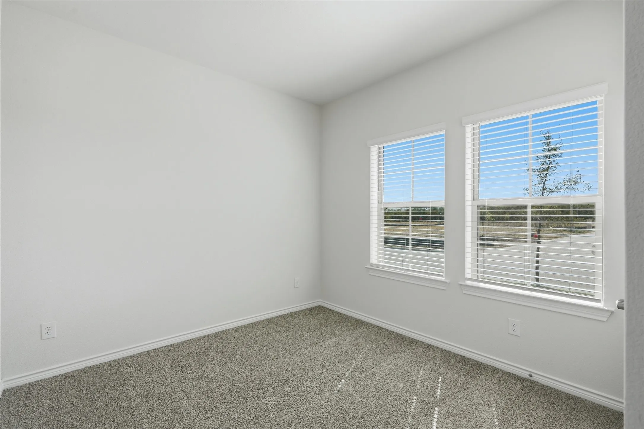Neutral wall paint, gray carpet flooring, and two windows with blinds
