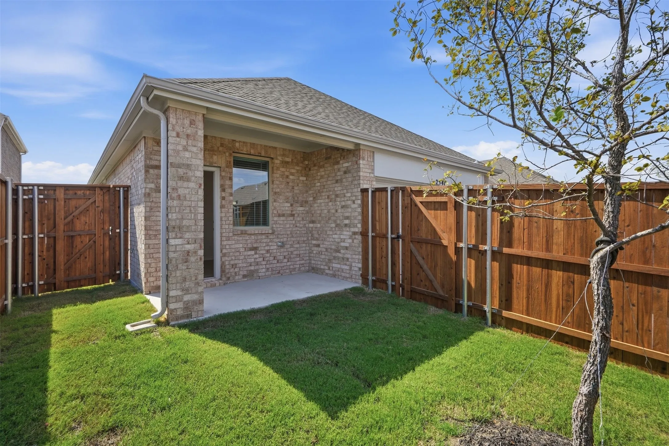 Private backyard featuring a concrete patio, brick exterior, wood fence, and a young tree