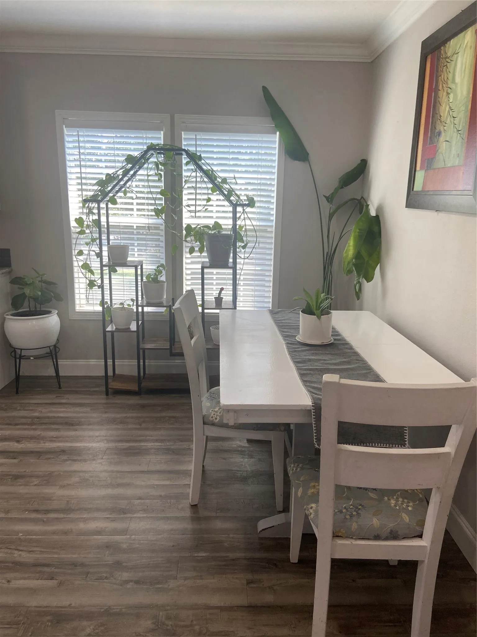 Dining space with ornamental molding and dark wood-type flooring