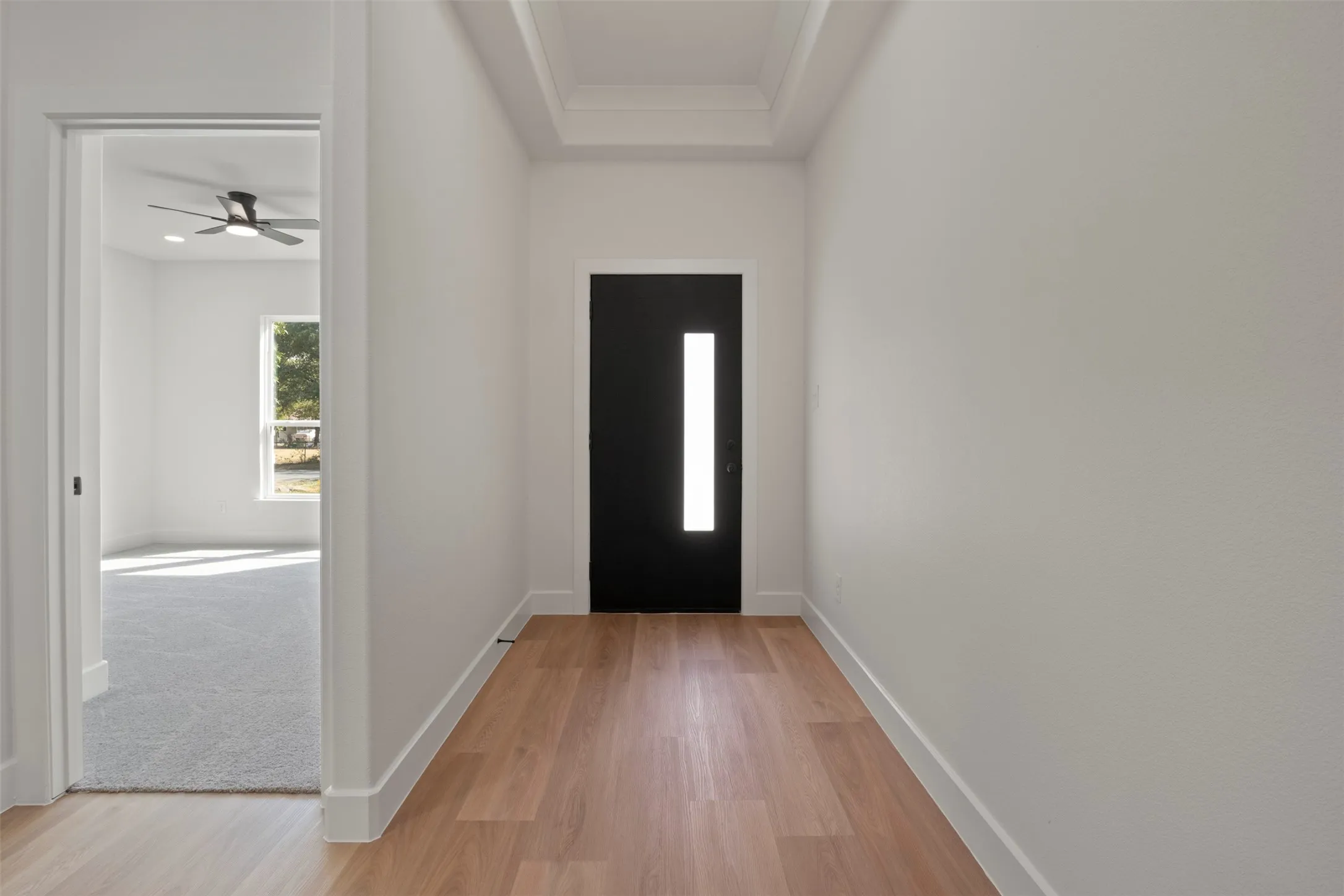 Wood-finish flooring leading to a black entry door with a vertical frosted glass insert, and a tray ceiling detail