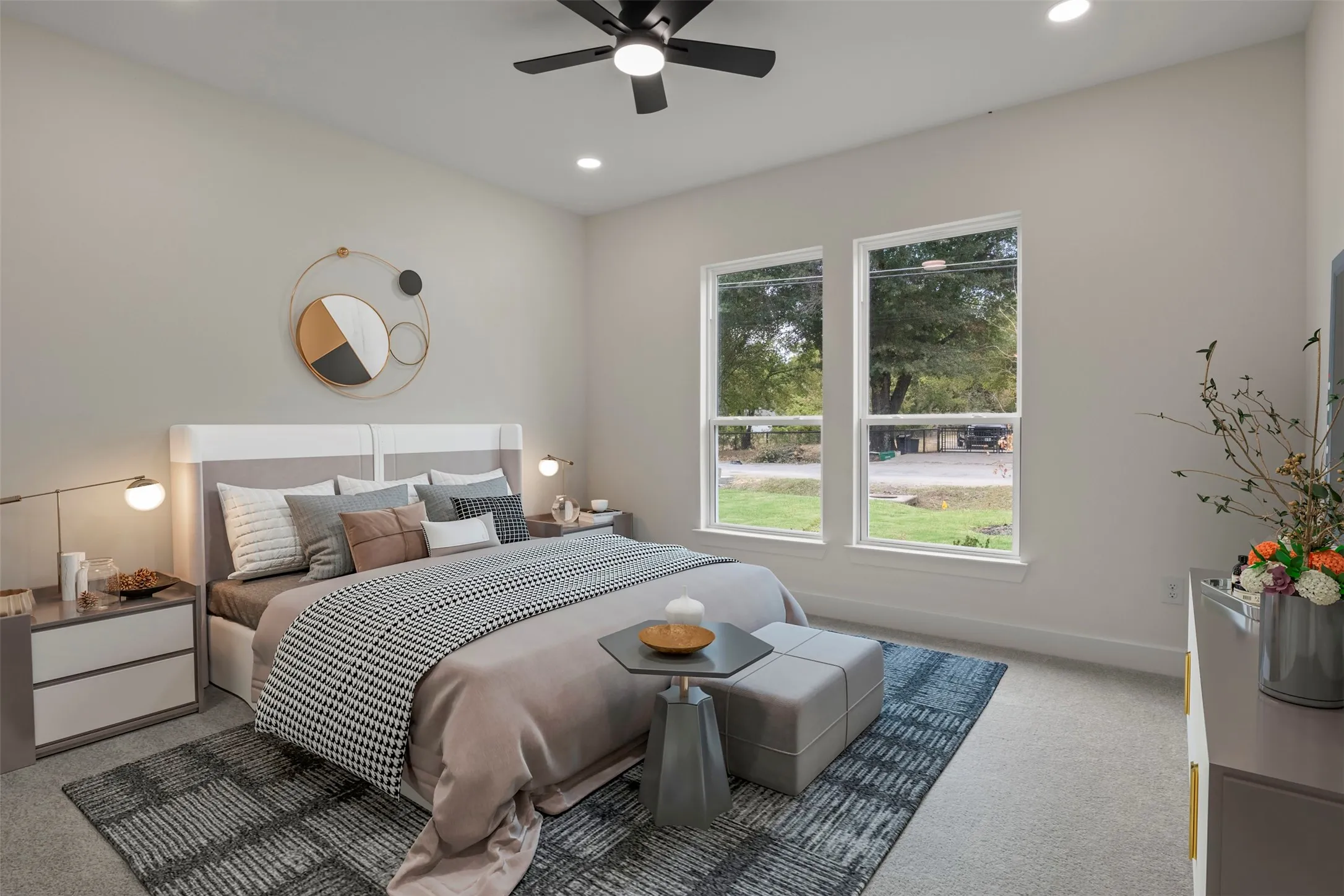 High ceilings with recessed lighting, dual pane windows, and a ceiling fan