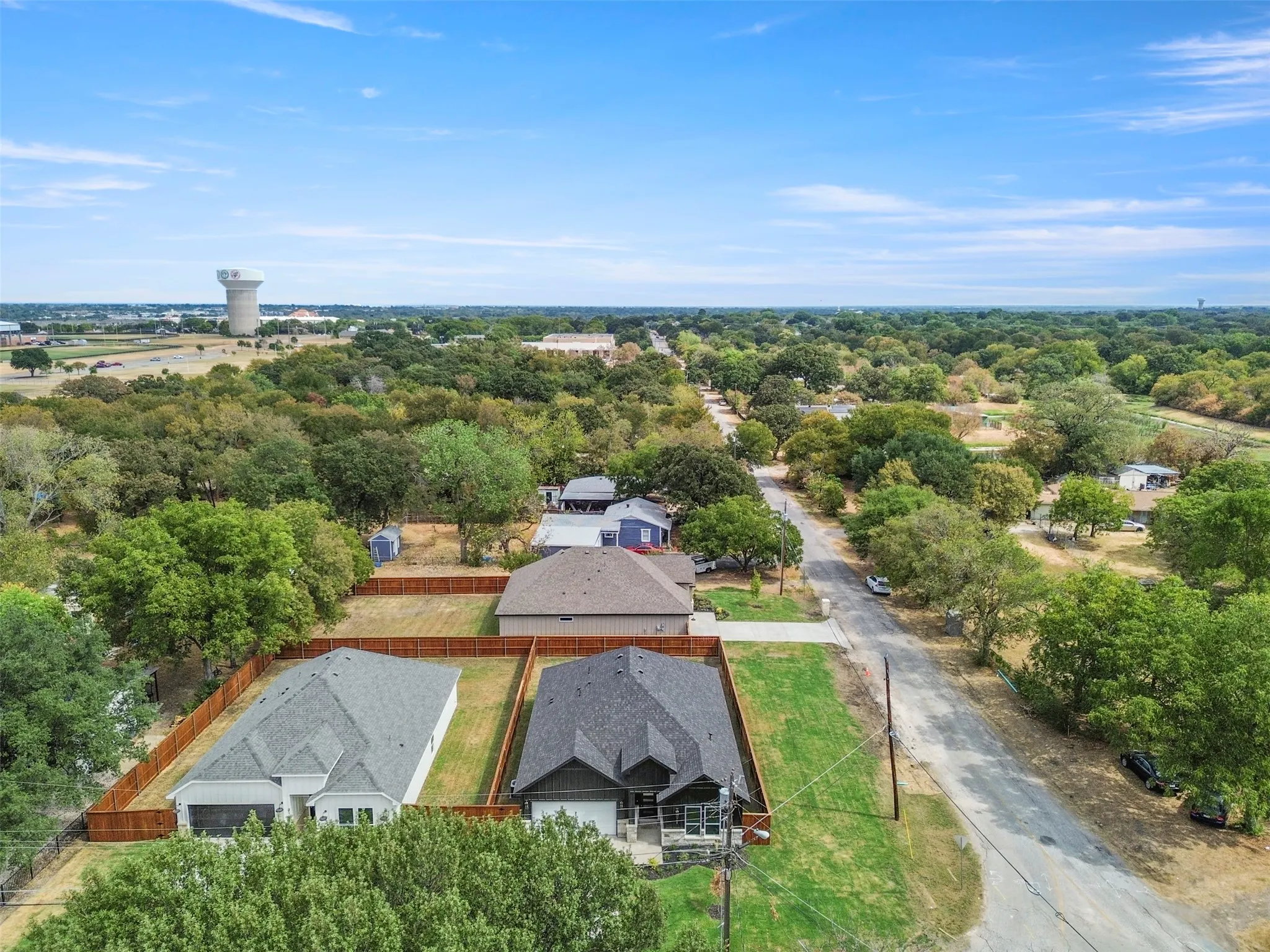 Aerial perspective showcasing surrounding natural elements and residential properties