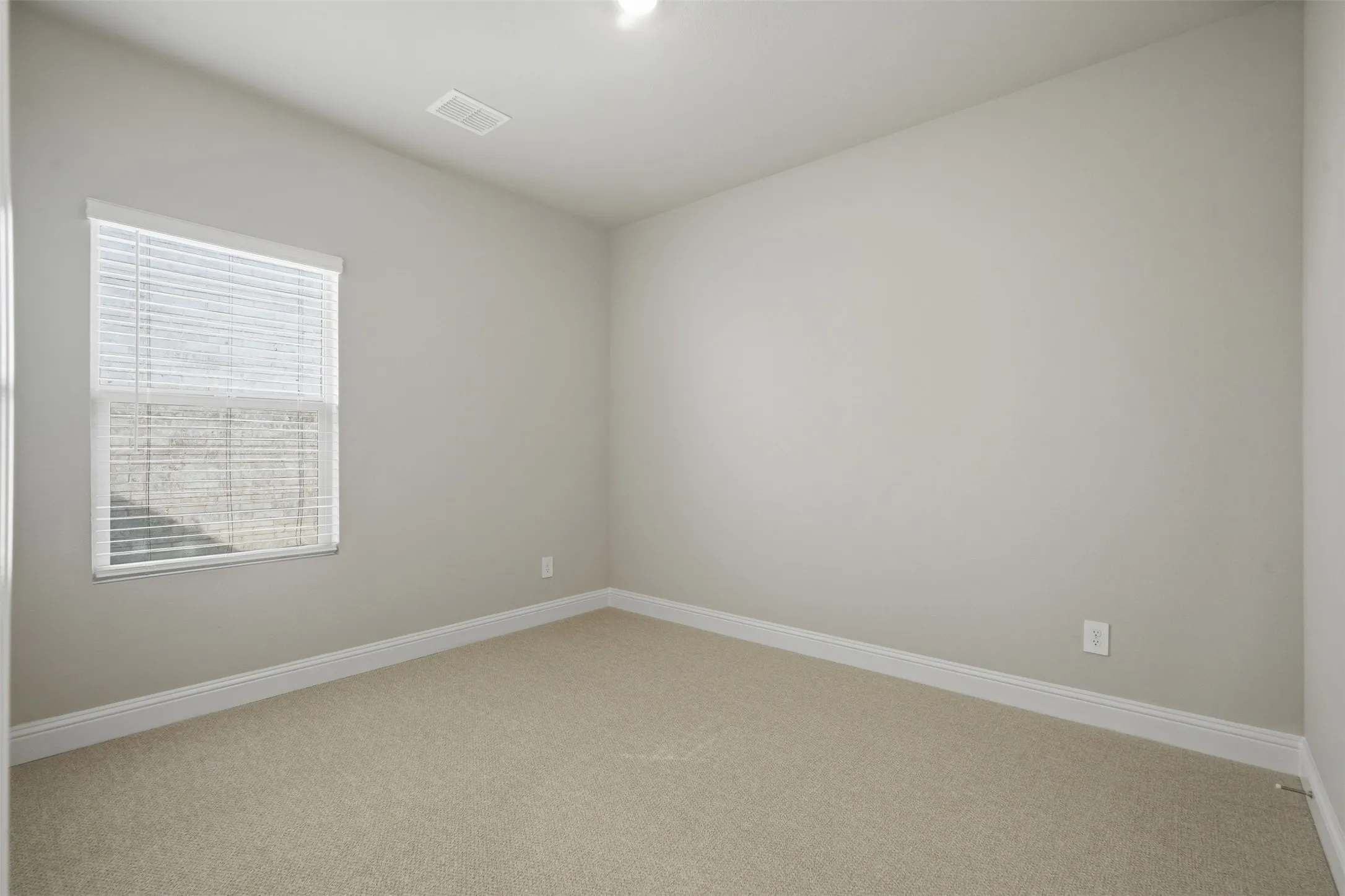 Neutral wall color, carpet flooring, window with blinds, and white trim