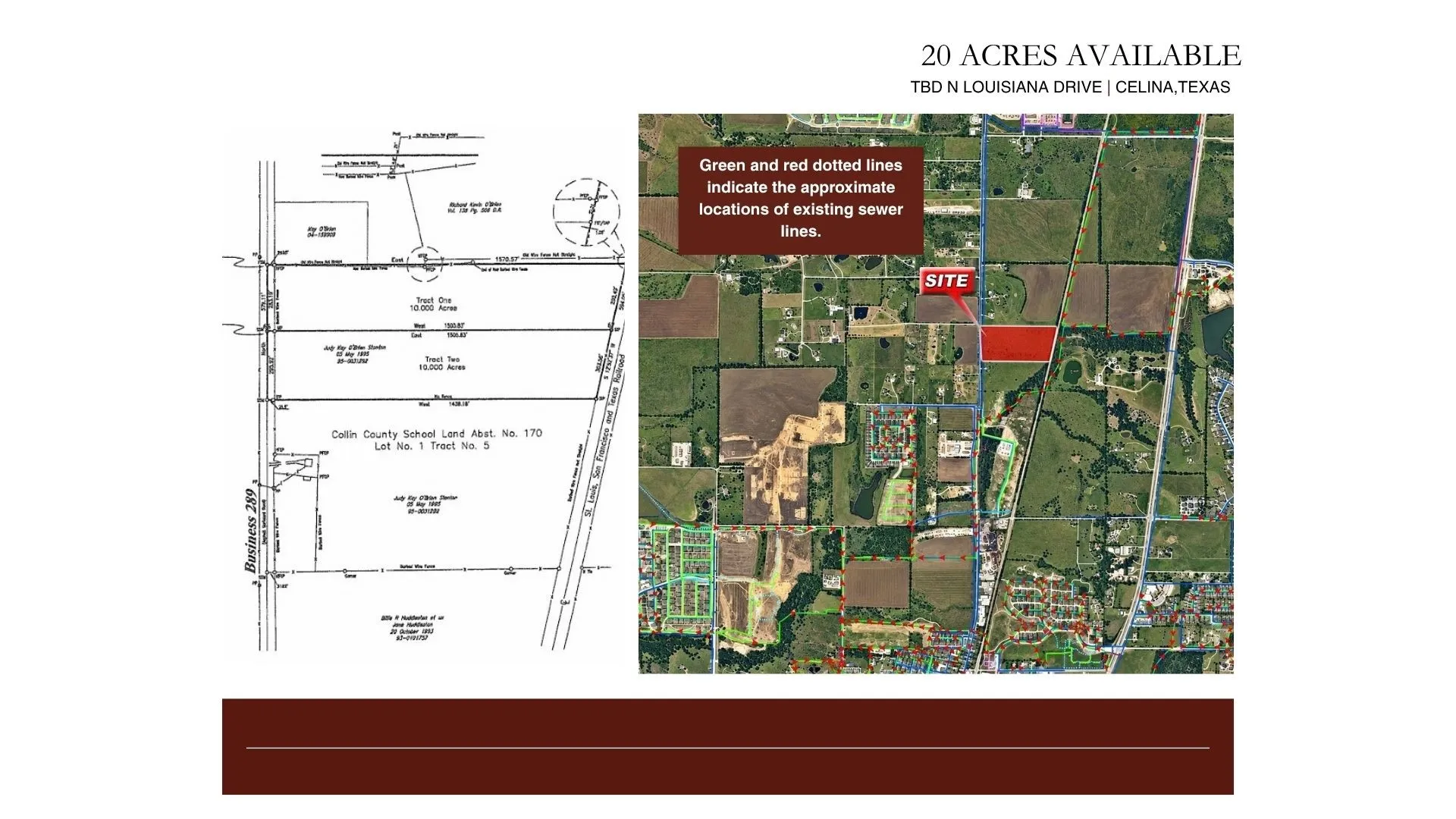 Property Listing Visual. Displaying a survey map and an aerial view of the property, indicating existing sewer lines and the site location