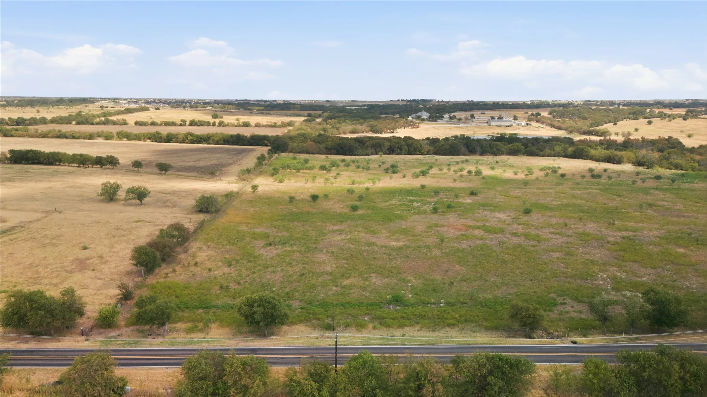 Expansive acreage with pastoral fields, scattered mature trees, and a distant tree line