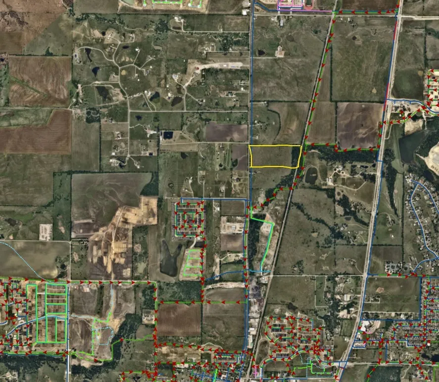 Aerial Survey Map. Depicting the property highlighted in yellow and surrounding geographical features