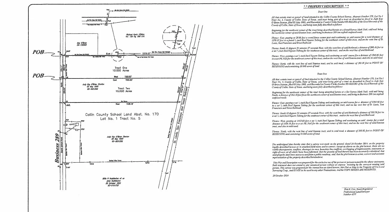 Survey Plot and Property Description. Detailing the metes and bounds of the property and its various tracts
