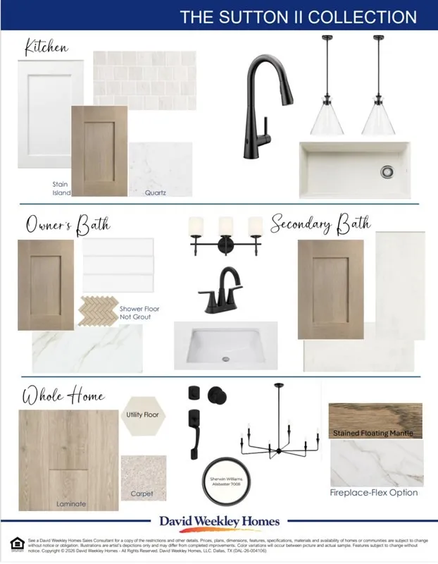 Design Board. Displaying material and fixture selections for the property's kitchen, bathrooms, and general areas