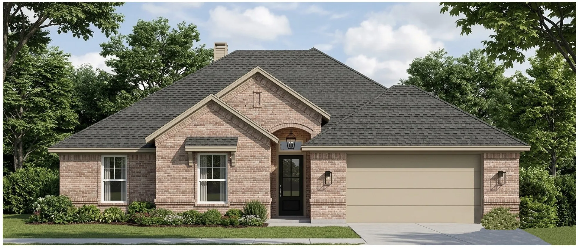 Brick exterior with a dark shingle roof, arched entryway, and an attached two-car garage