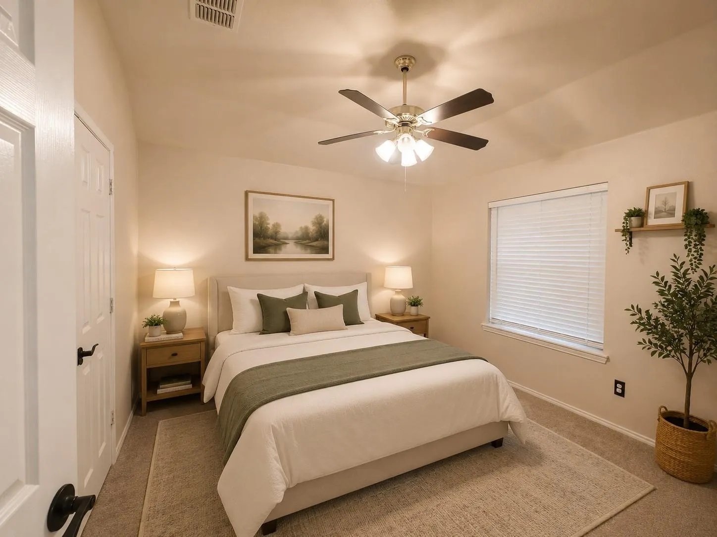 Carpeted room with a ceiling fan, window with blinds, and white door