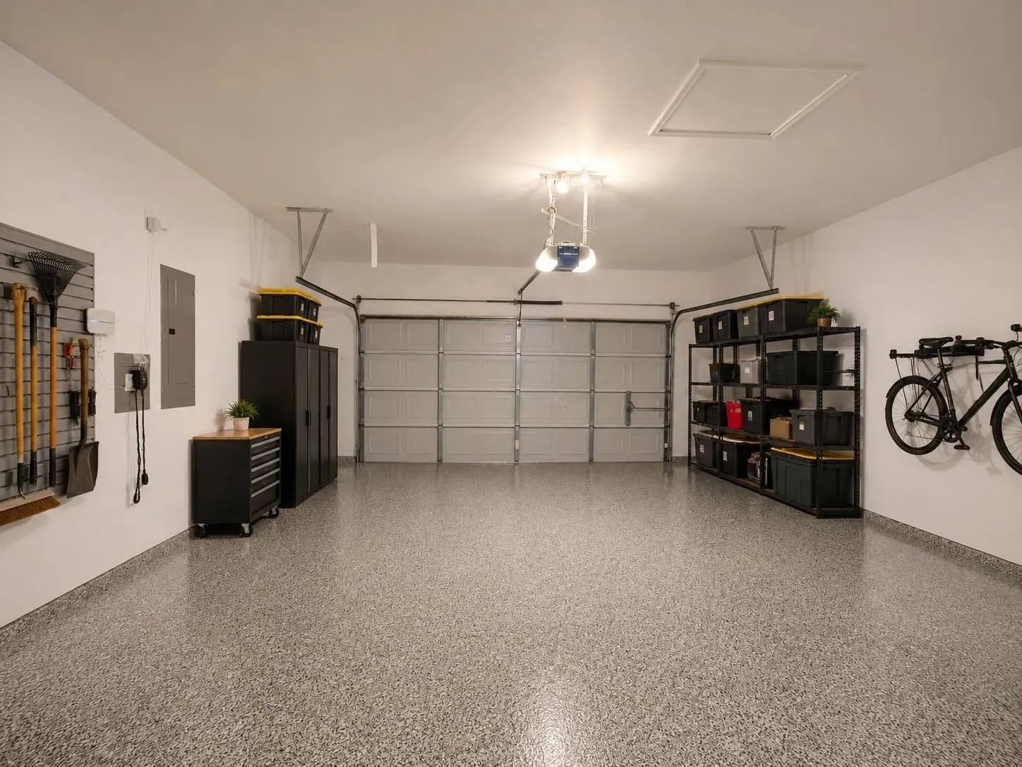 Garage featuring a speckled epoxy floor, overhead lighting, and built-in door