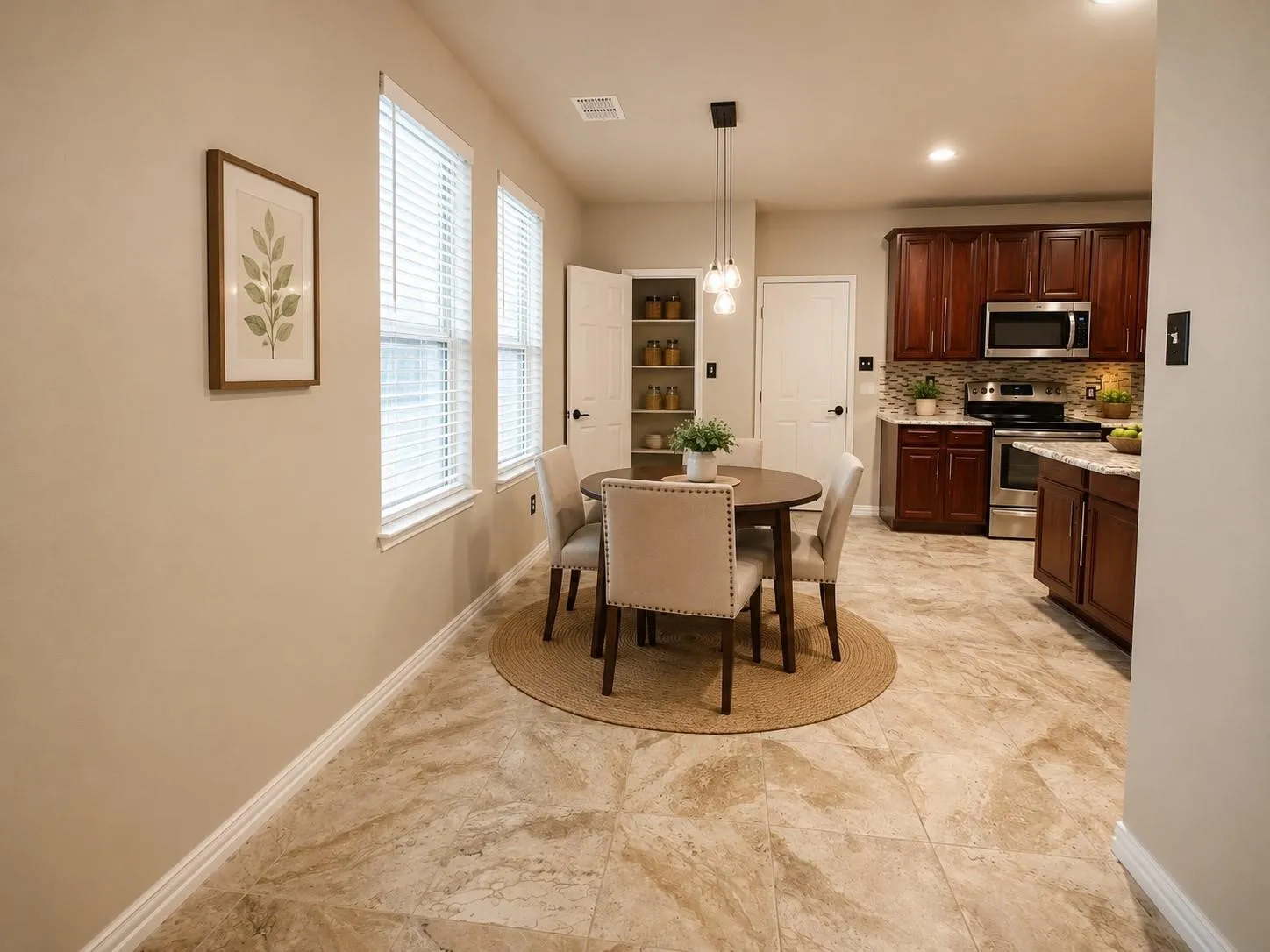 Open-concept kitchen and dining area featuring stone-look tile flooring, dark wood-finish cabinetry, stainless steel appliances, and a mosaic tile backsplash