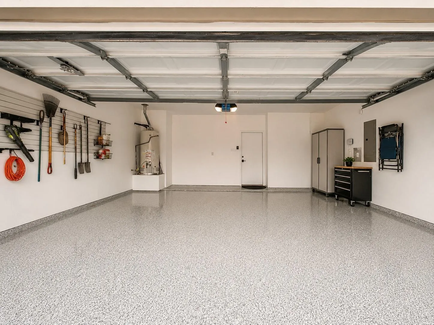 Epoxy flake flooring, overhead garage door system, wall-mounted utility organization, and a water heater installation