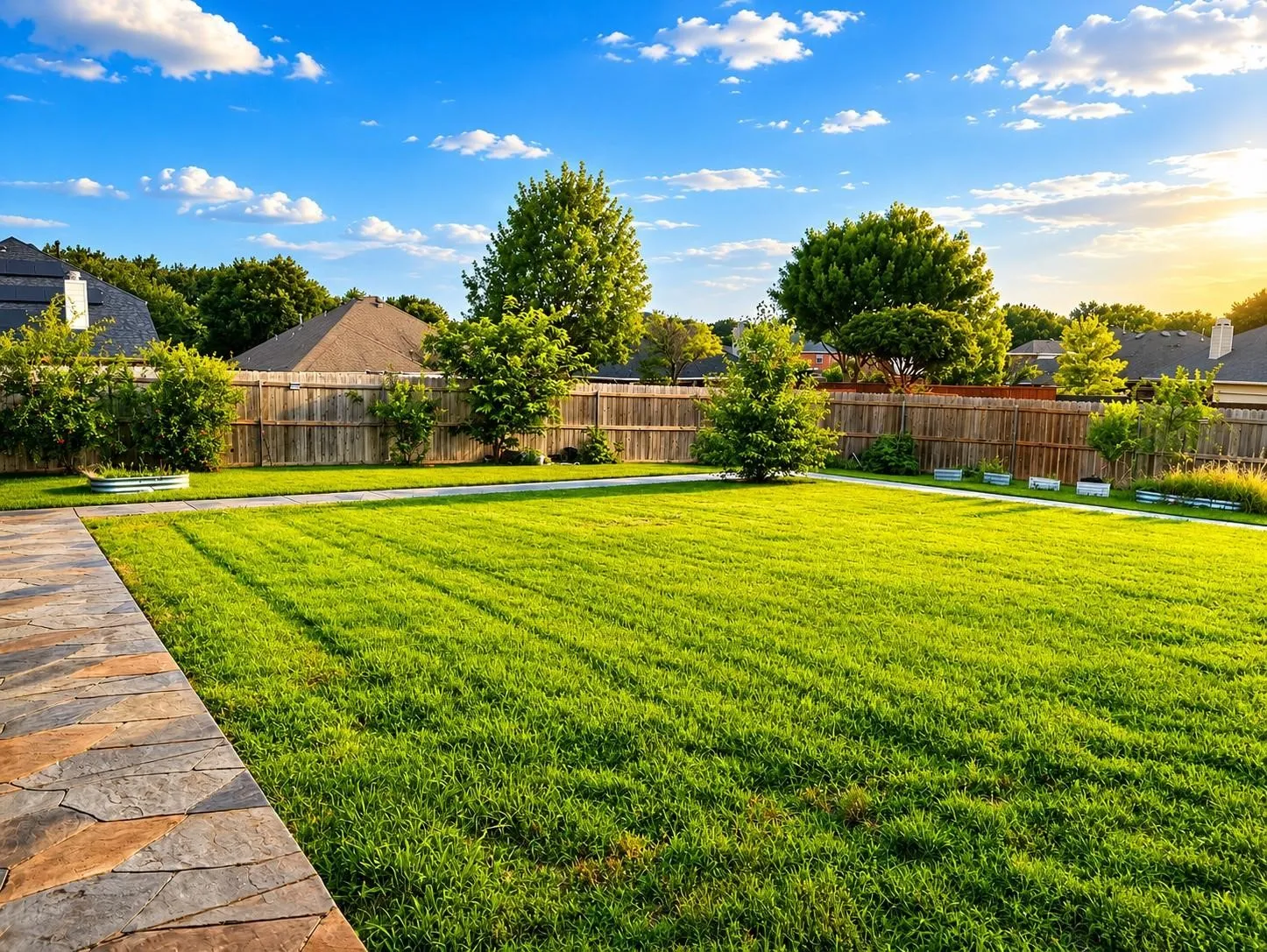 Expansive grassy yard with a natural wood privacy fence, stone-finish patio, and established perimeter plantings