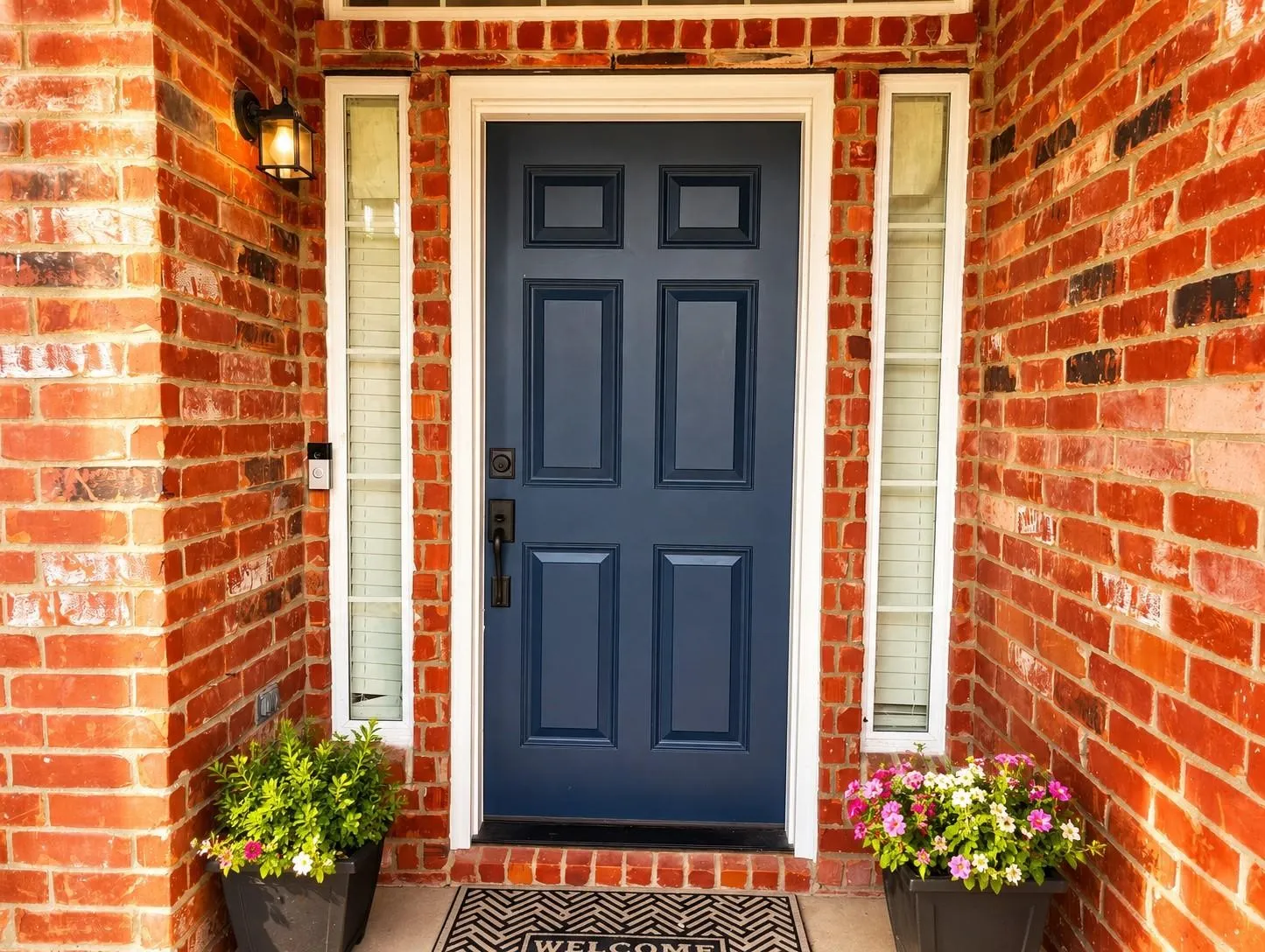 Brick facade with a paneled entry door, sidelight windows, and an exterior sconce
