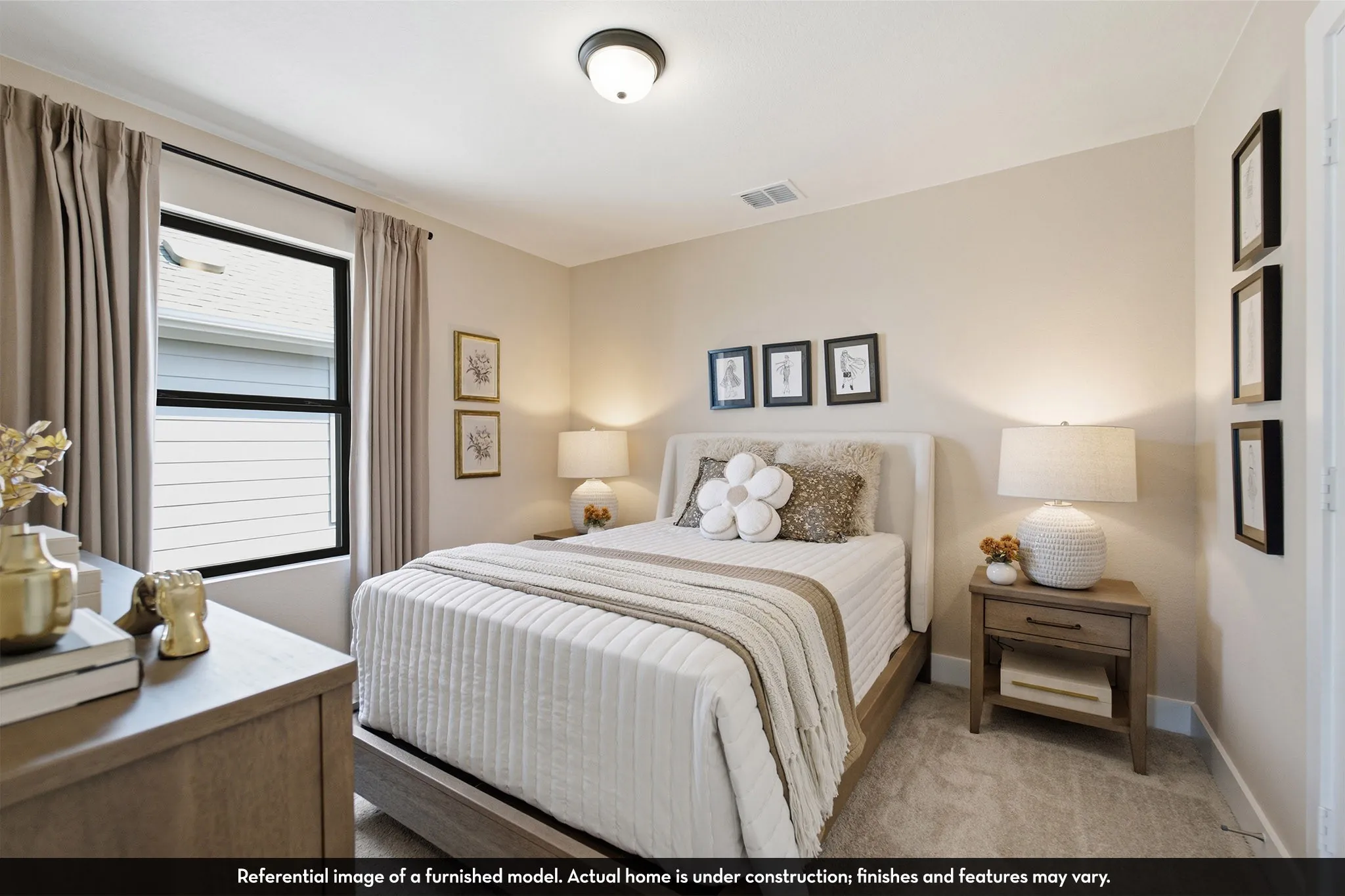 Plush carpeted flooring, a black-framed window, and a flush-mount ceiling light