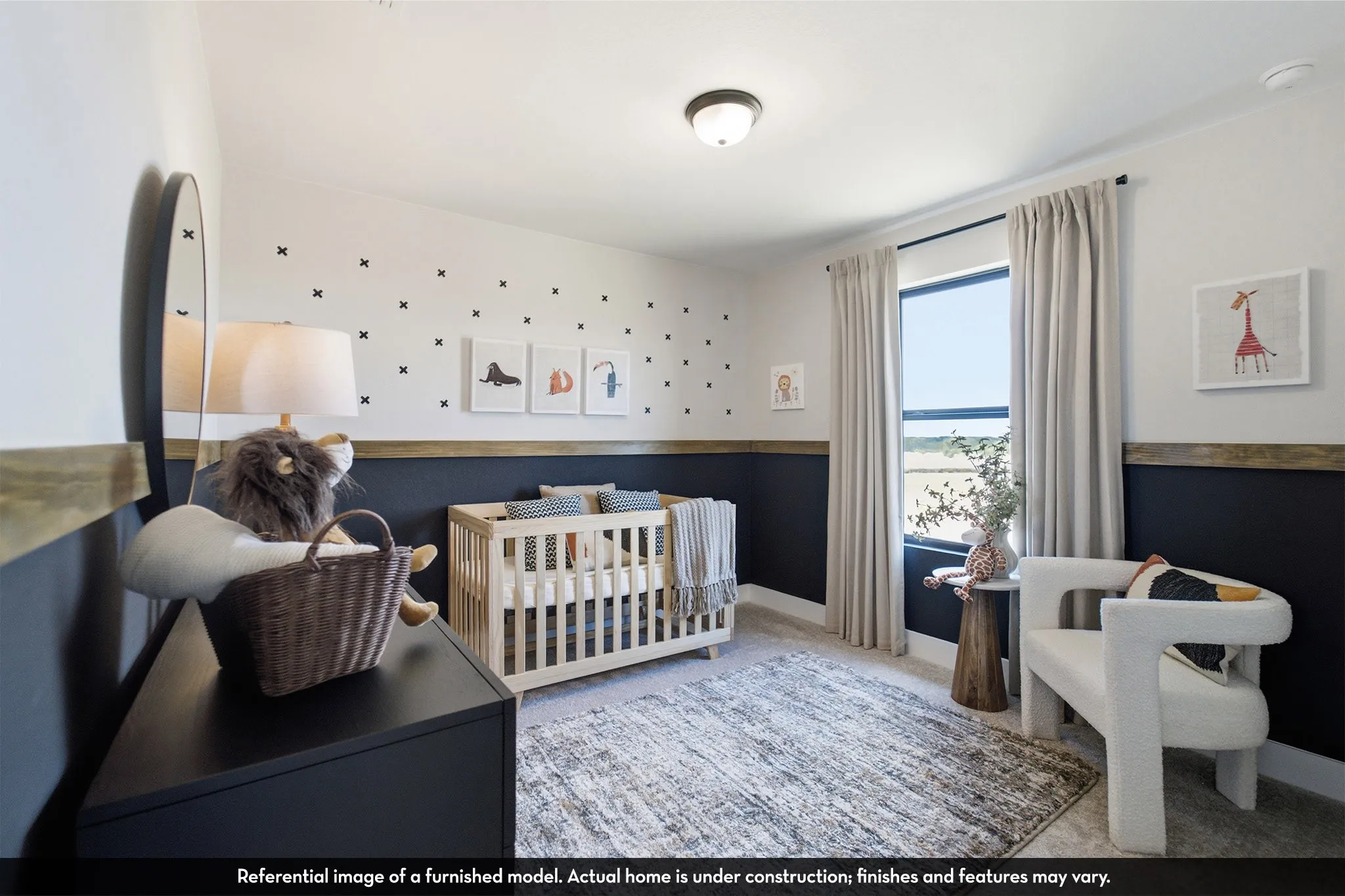 Recessed window with drapes, flush mount ceiling light, and two-tone walls with wood-finish trim