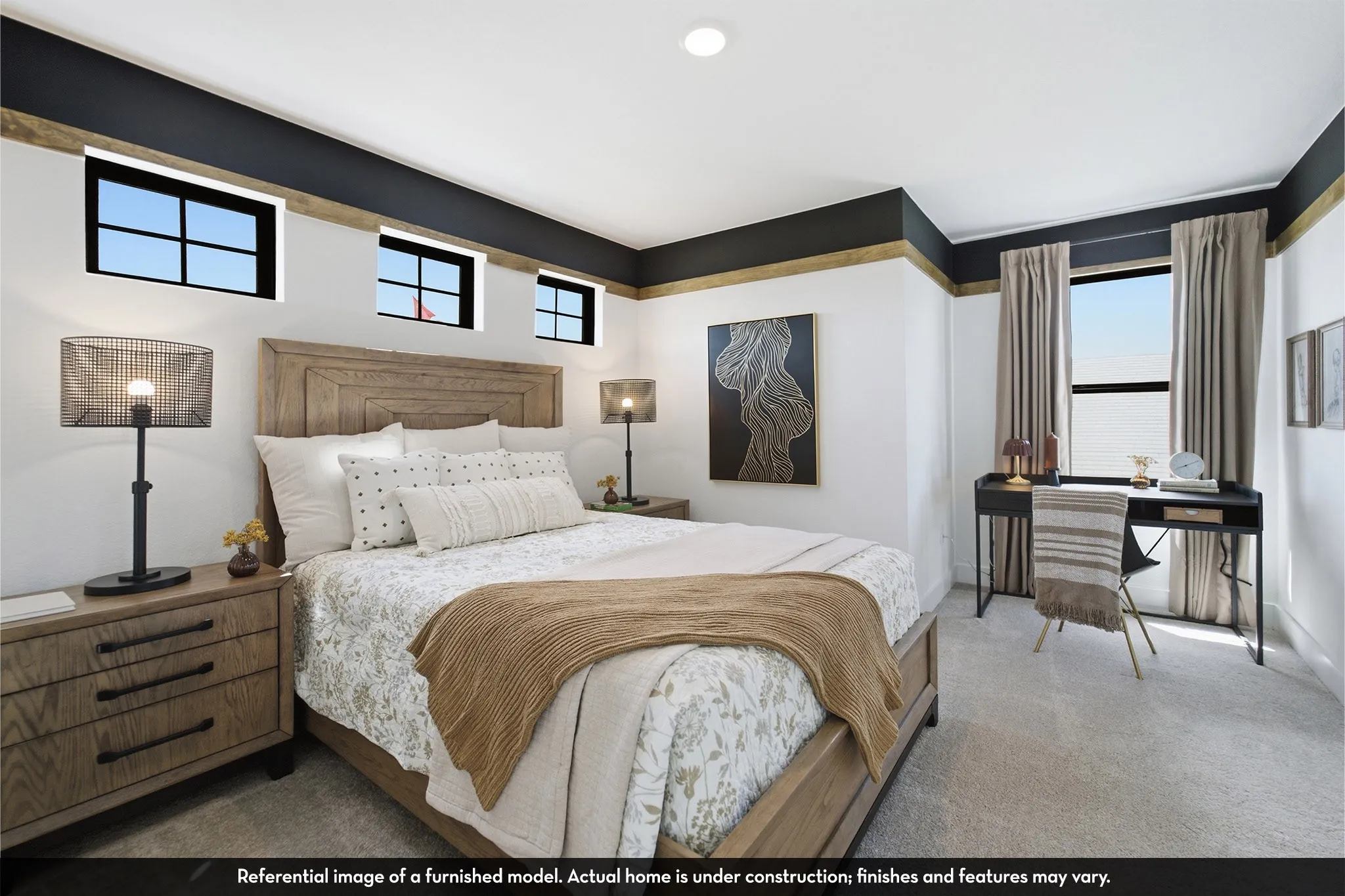 Recessed ceiling lighting, carpeted flooring, and multiple window placements