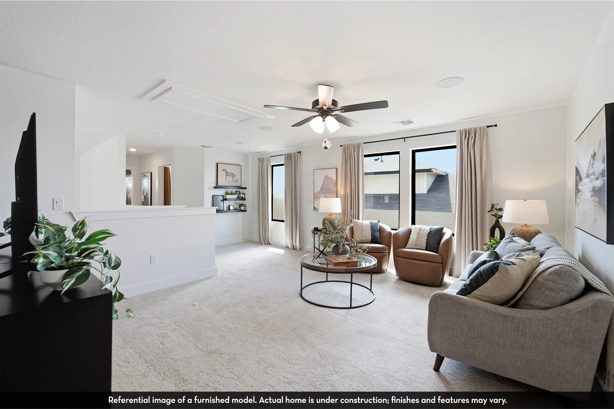 Recessed lighting, ceiling fan, carpeted flooring, large windows, and built-in shelving