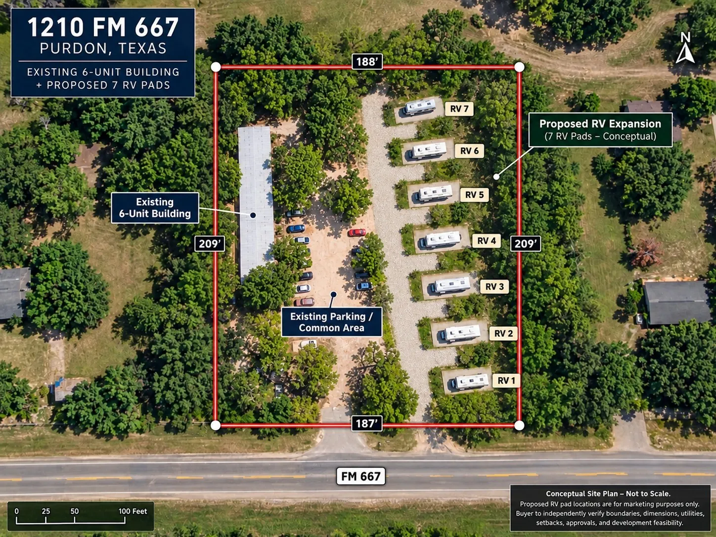 Conceptual Site Plan. Illustrating the existing structures and proposed RV pad expansion on the property