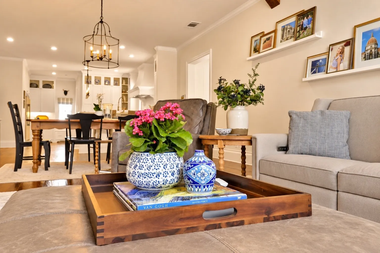 Recessed lighting, wood-finish flooring, and white crown molding
