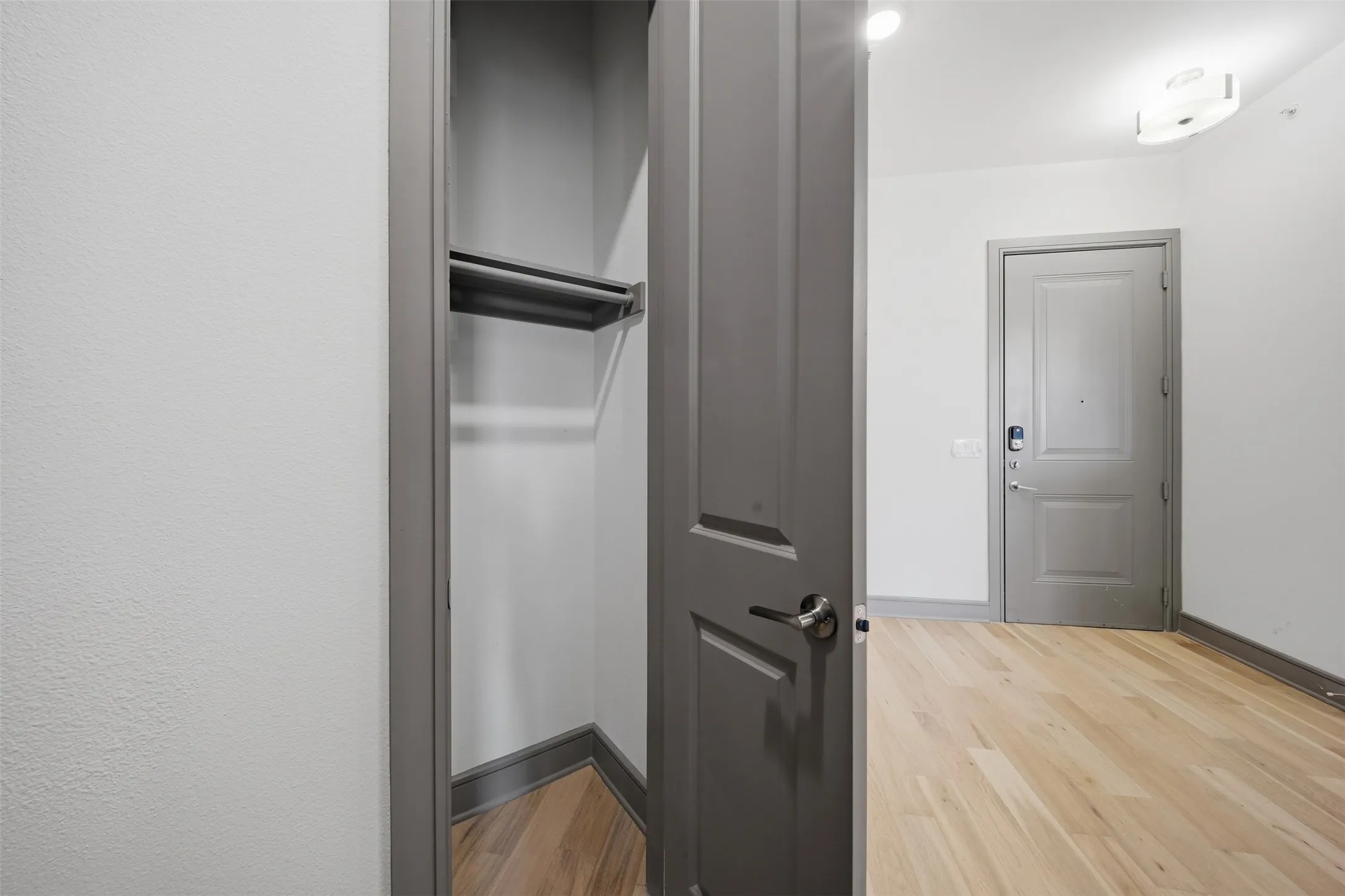 Closet with built-in hanging rod, wood-finish flooring, and modern ceiling light fixture