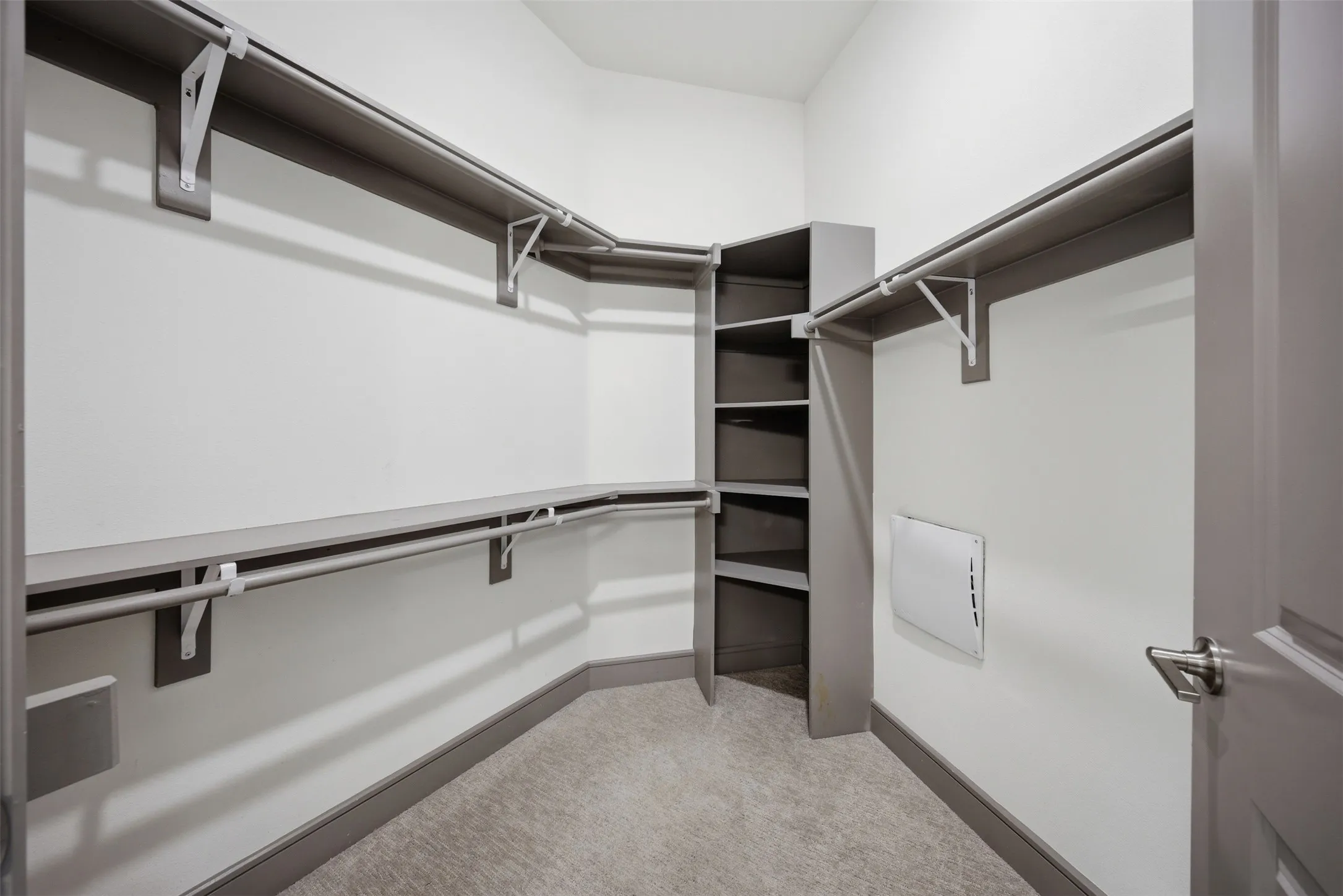 Custom closet system featuring multiple hanging rods, integrated shelving units, and carpet flooring