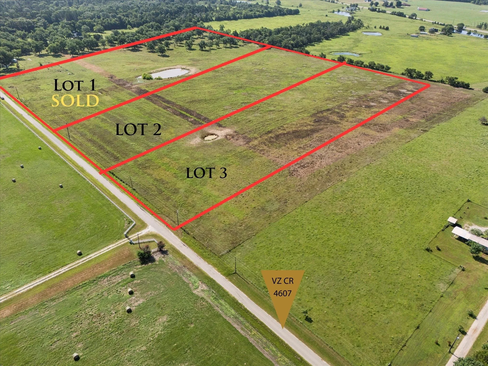 Expansive land parcels with natural clearings and a discernible pond feature