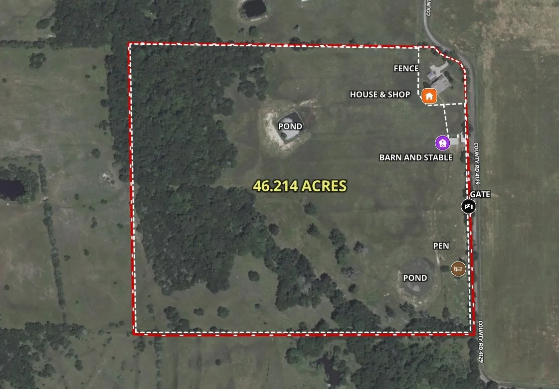 Survey Map, Aerial View. Displaying the property boundaries, acreage, and identified structures