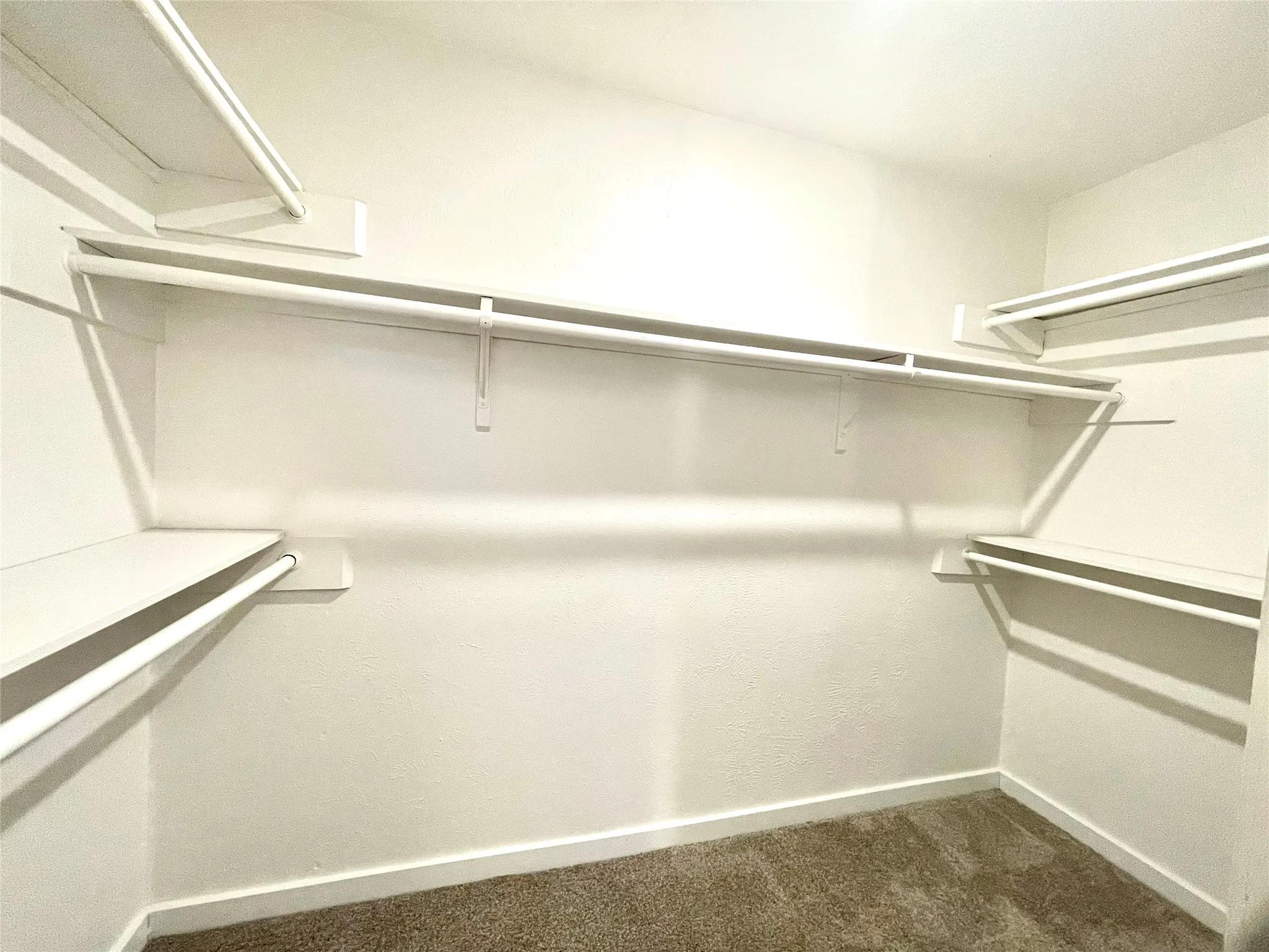 Spacious closet with dark colored carpet