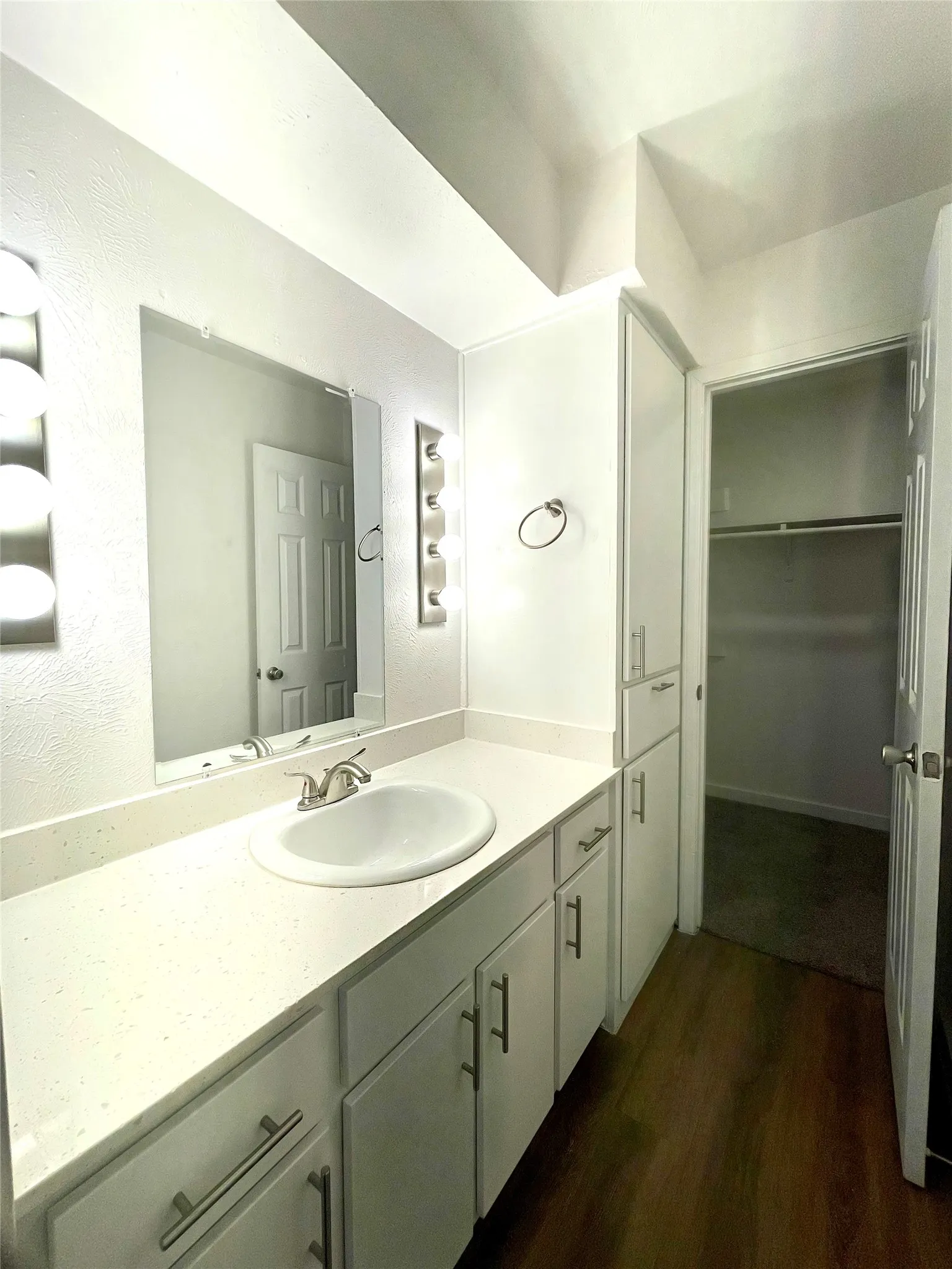 Bathroom with vanity and wood-type flooring