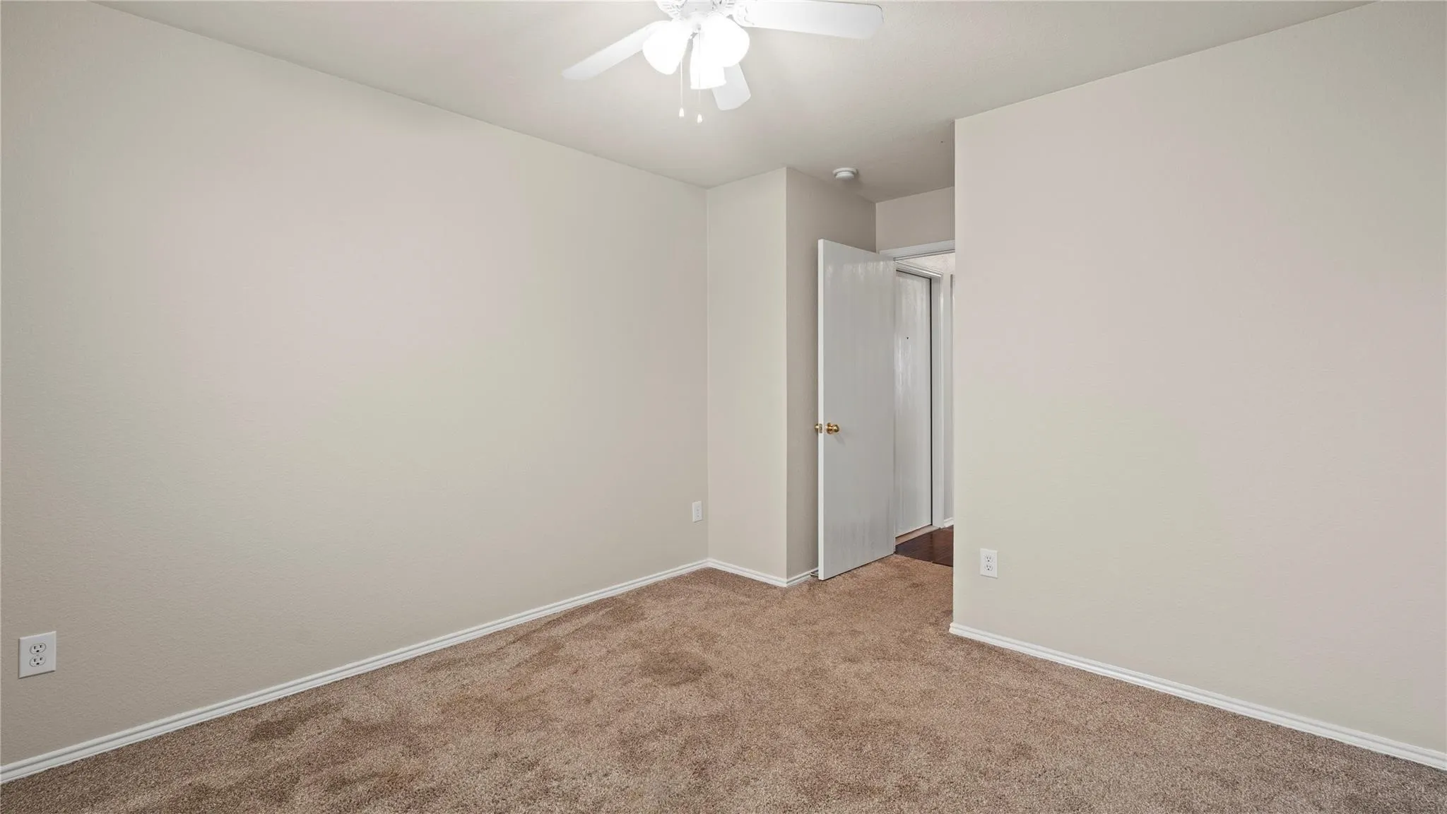 Neutral wall paint, ceiling fan with light fixture, and plush carpeting