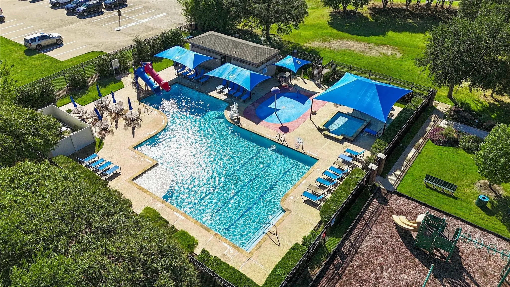 There is an adult pool & a kids pool. Playground & park area too.