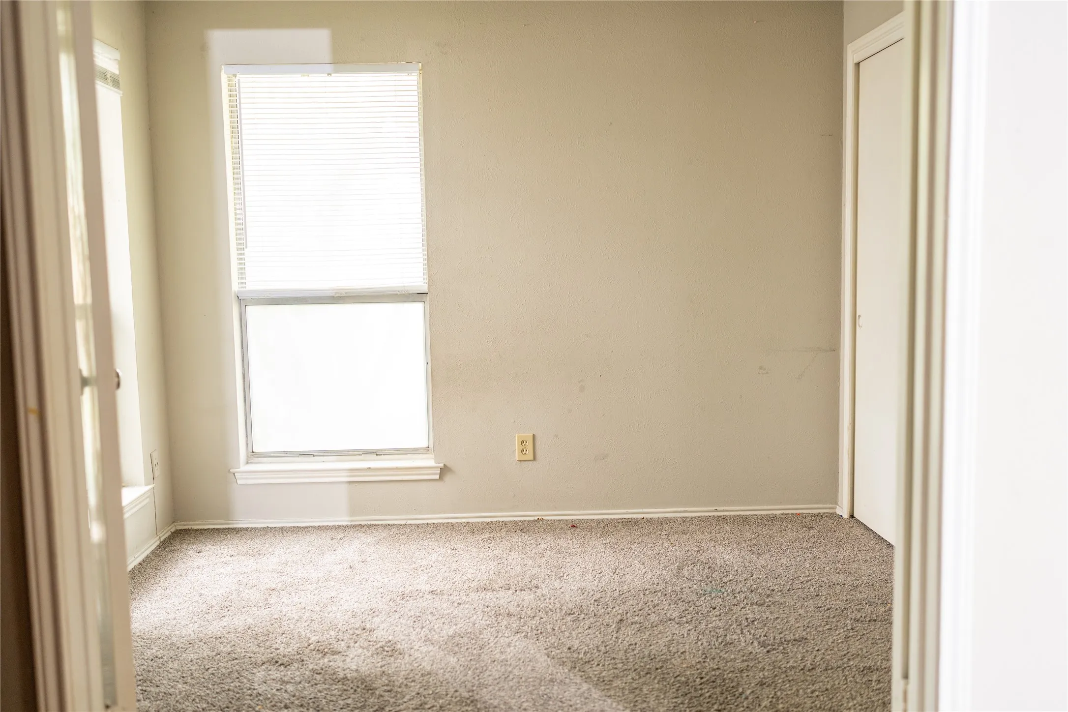 Carpeted room with a double-hung window and a closet featuring a single door