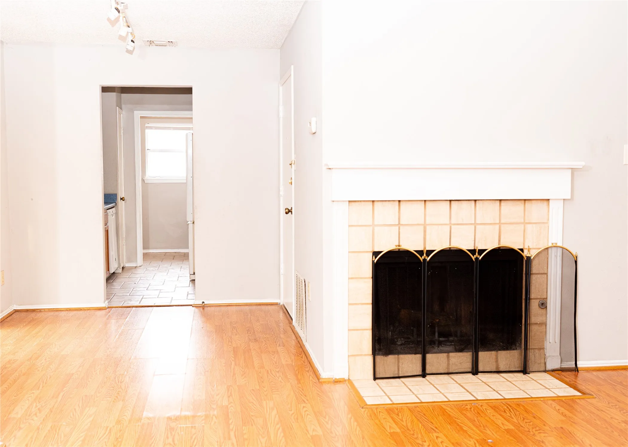 Wood-finish flooring, tiled fireplace surround, decorative fireplace screen, and track lighting fixture