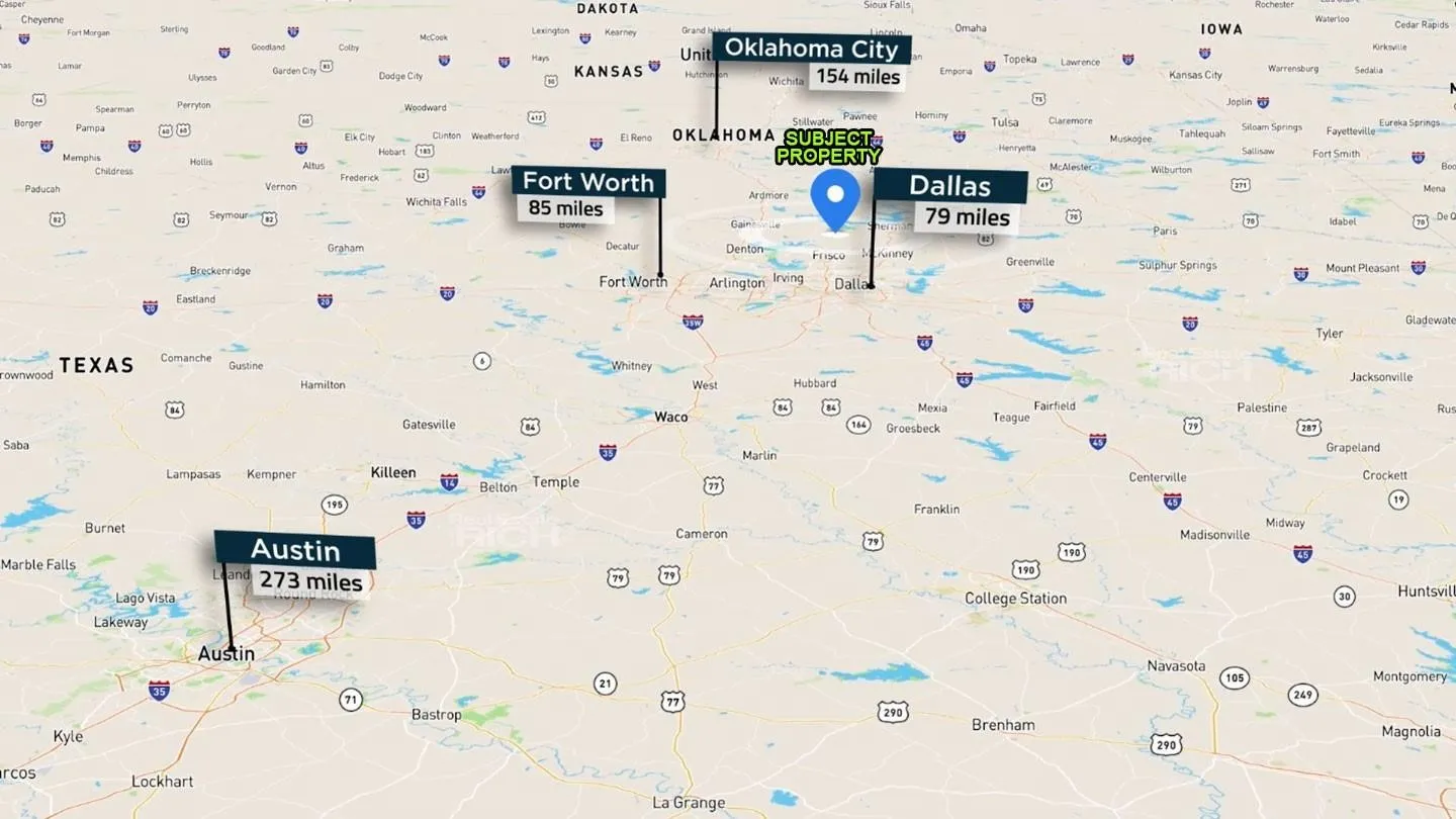 Location Map. Indicating the property's position relative to Dallas, Fort Worth, Oklahoma City, and Austin with corresponding distances