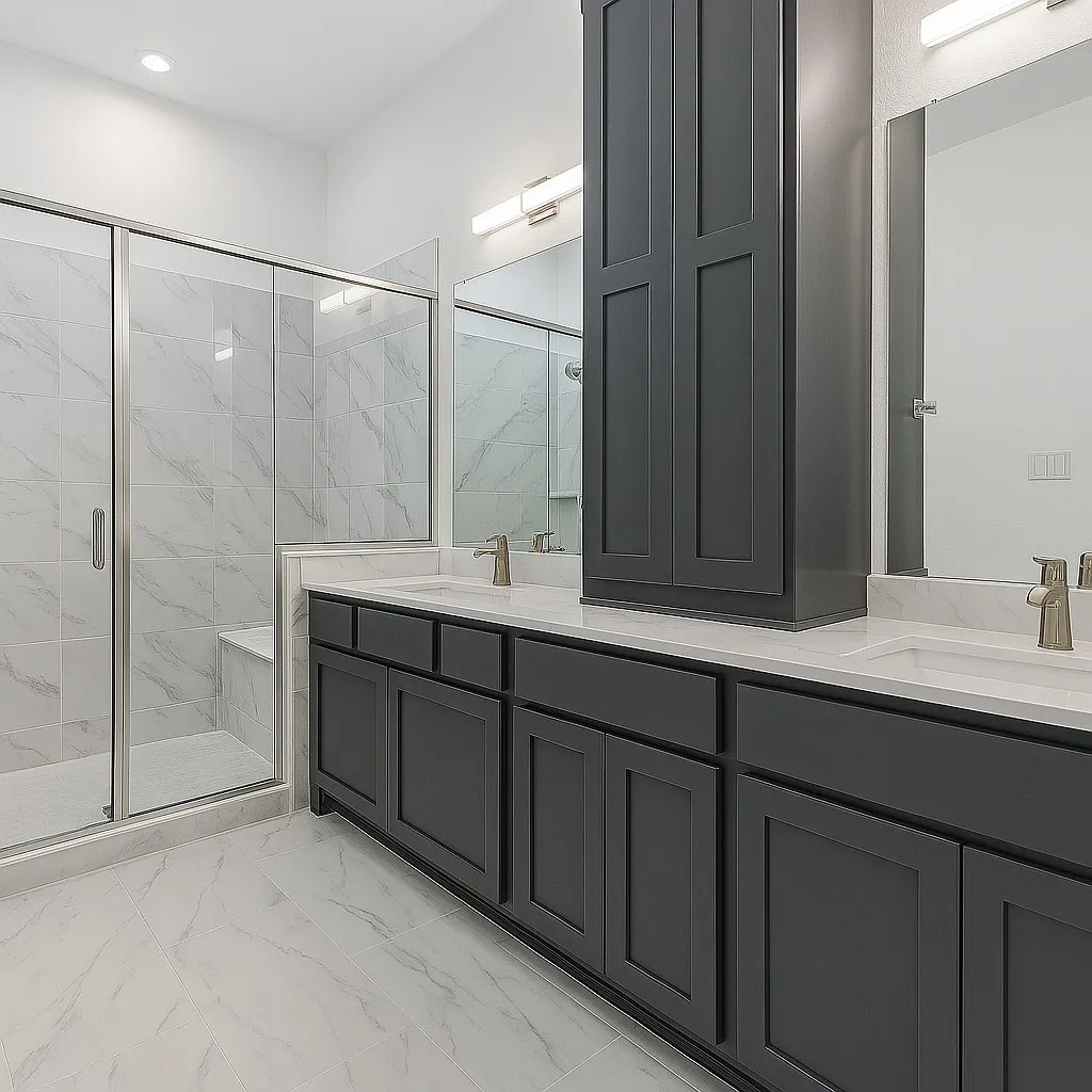 Dual sink vanity with dark cabinetry, white countertops, and brushed nickel fixtures