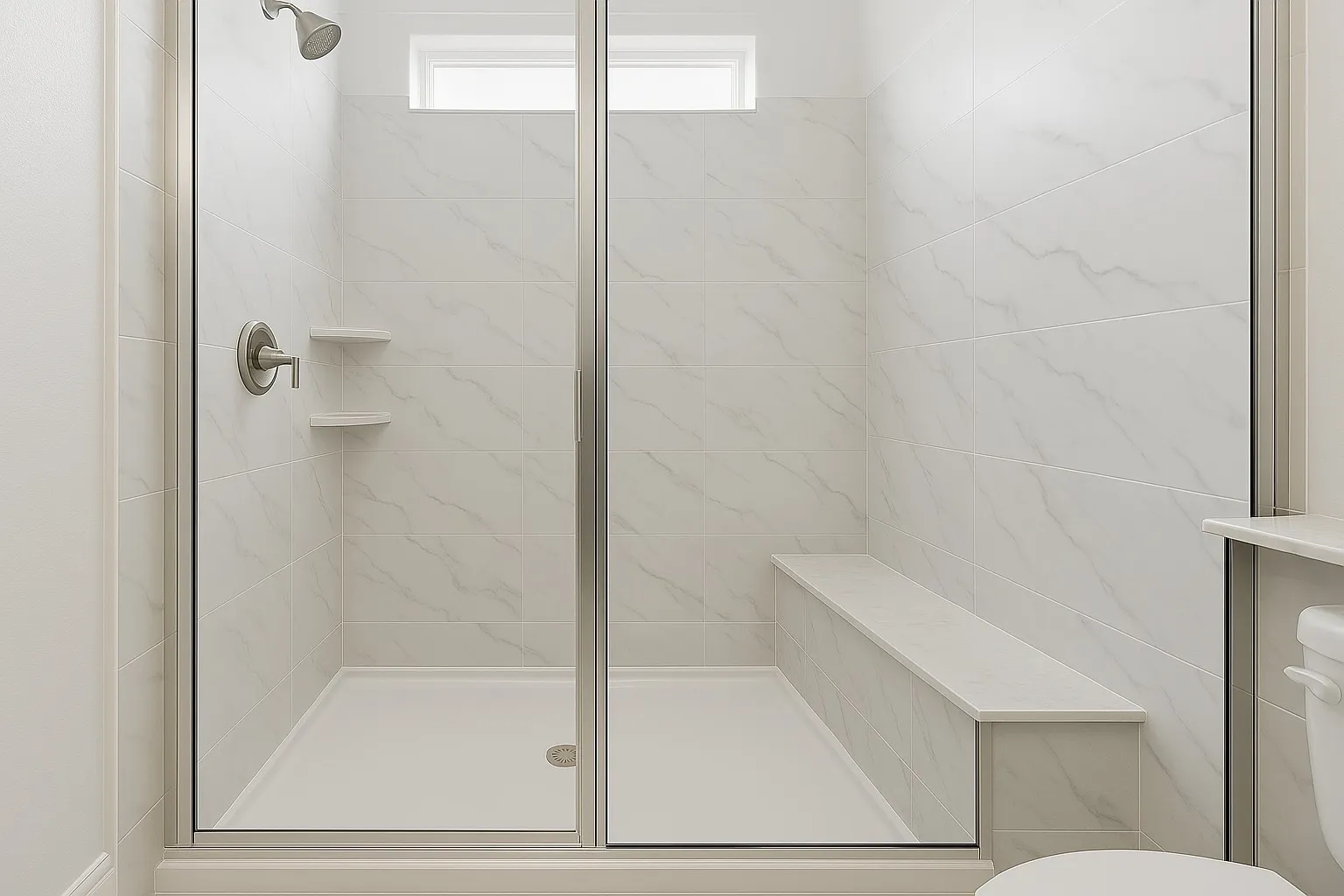 Walk-in shower with clear glass enclosure, built-in bench, two corner shelves, and a transom window