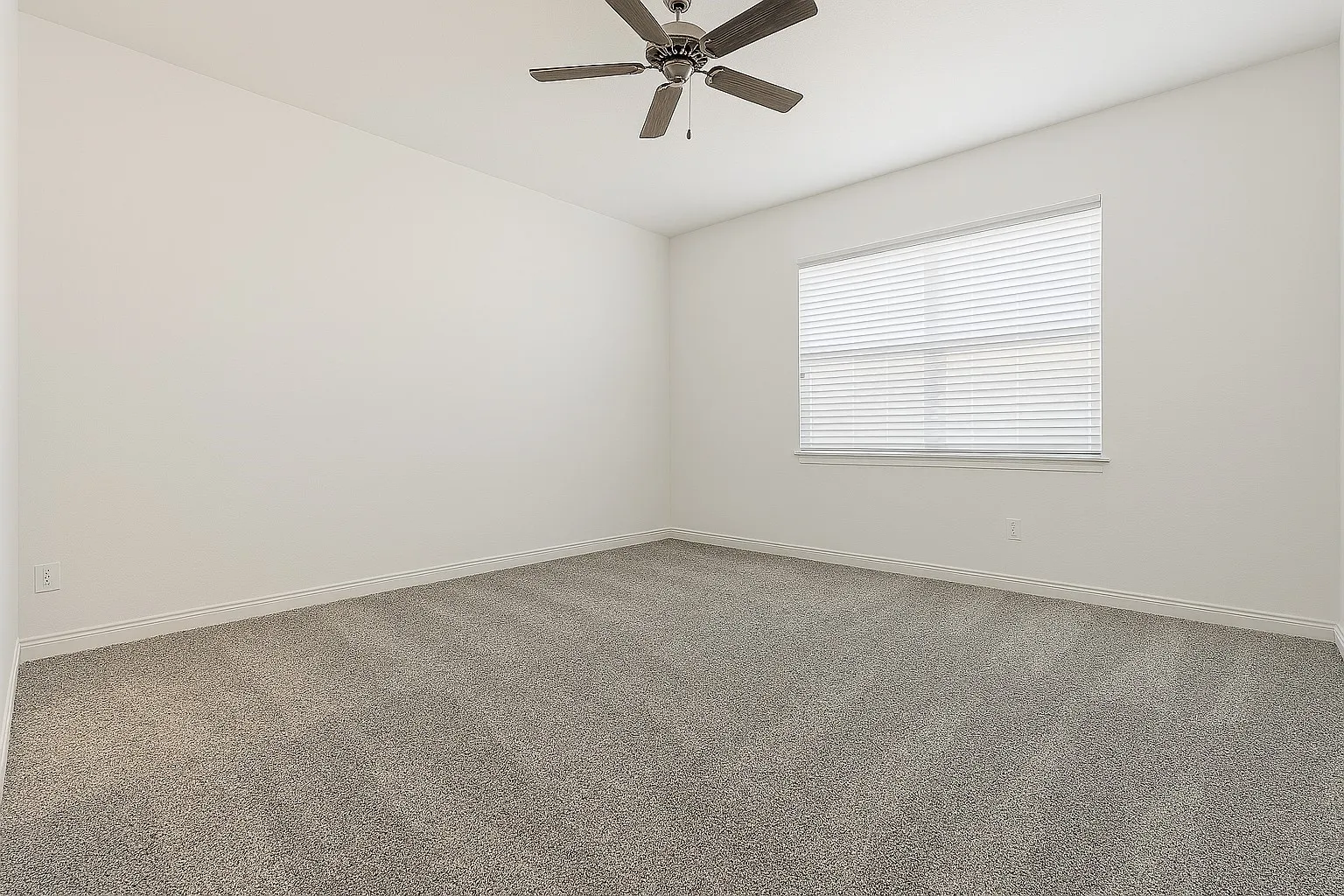 Neutral wall paint, window with horizontal blinds, ceiling fan, and carpeted flooring