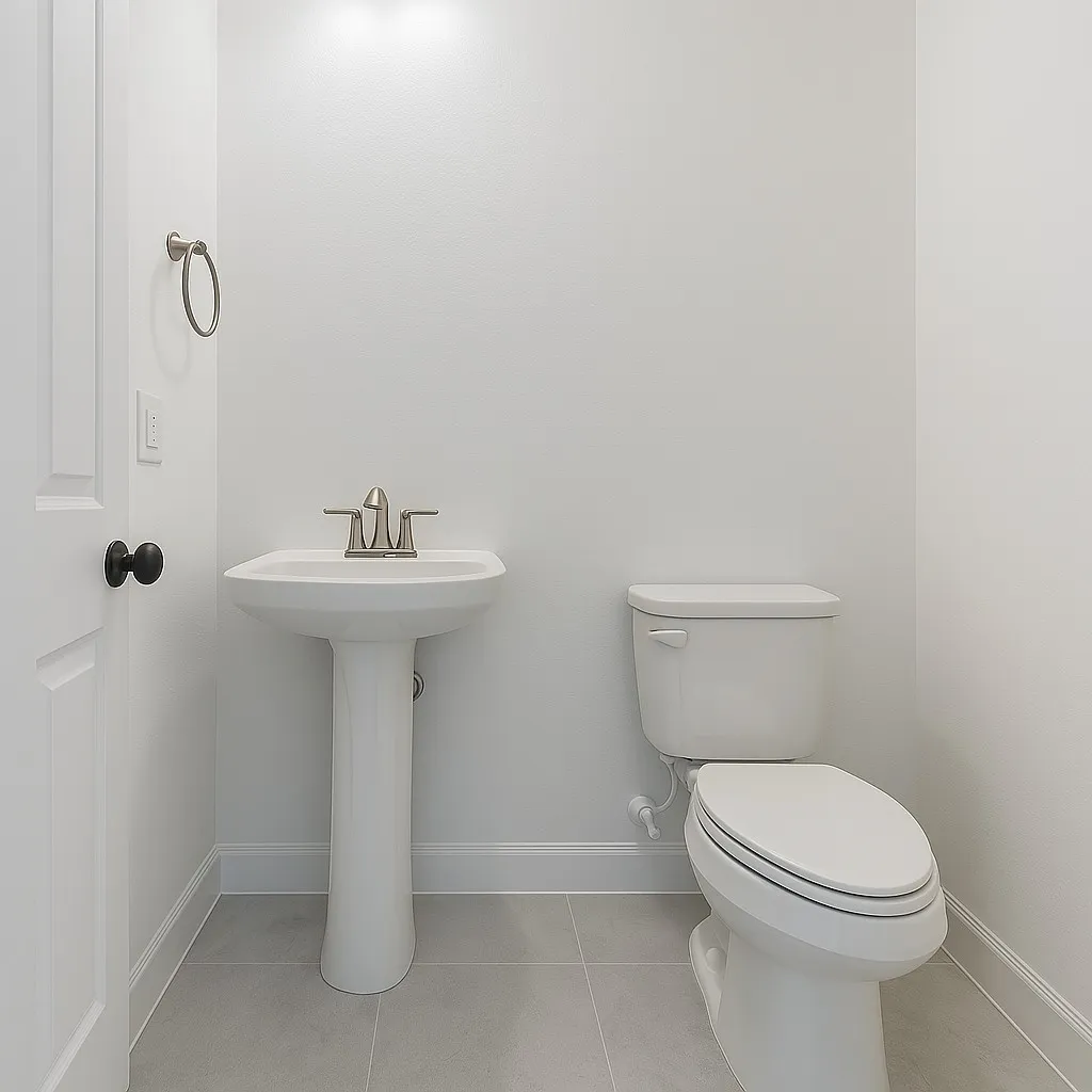 Pedestal sink with a brushed nickel faucet, white toilet, light gray tile flooring, and a white interior door with a black knob