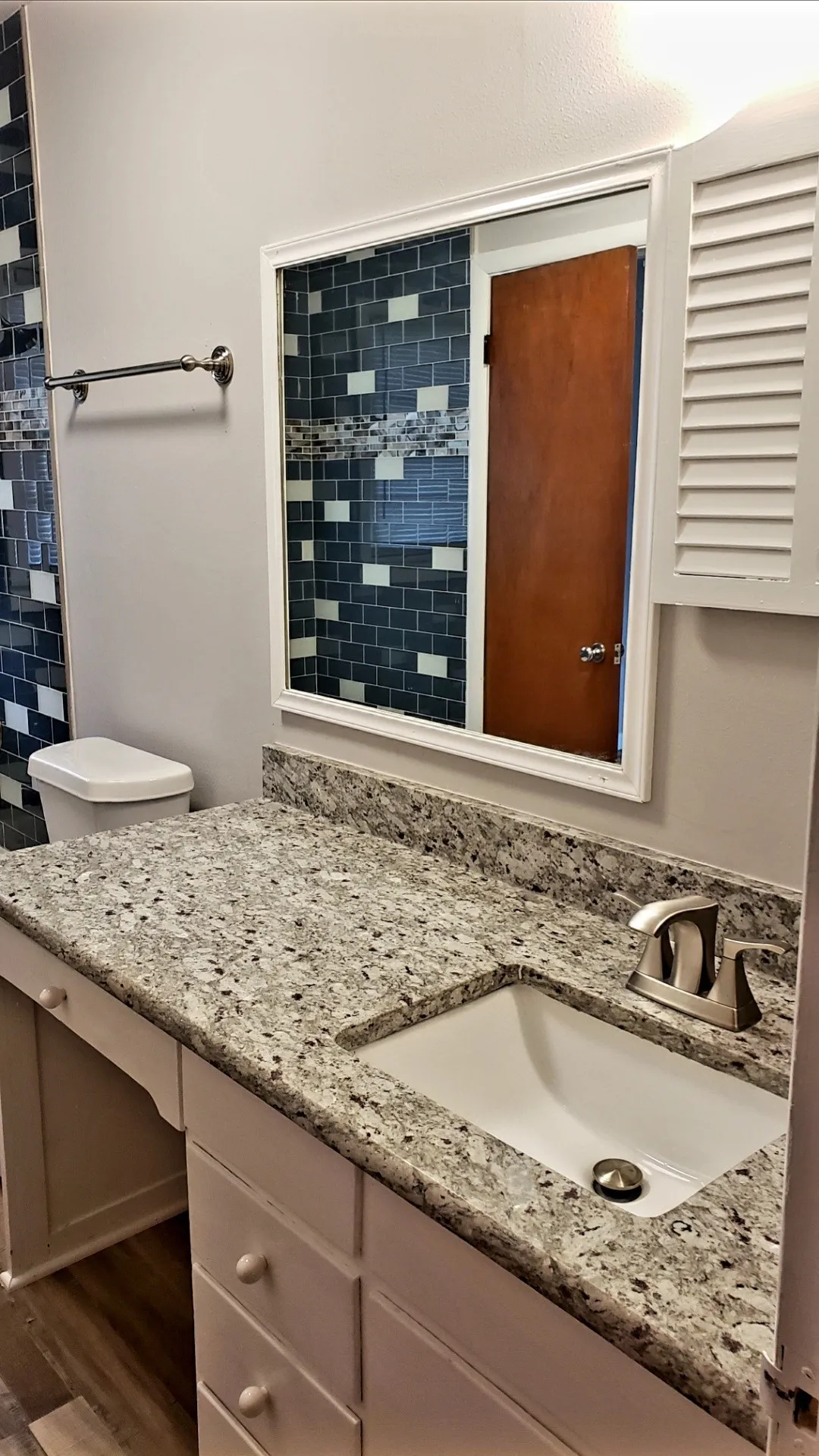 Bathroom featuring vanity, hardwood / wood-style floors, and toilet