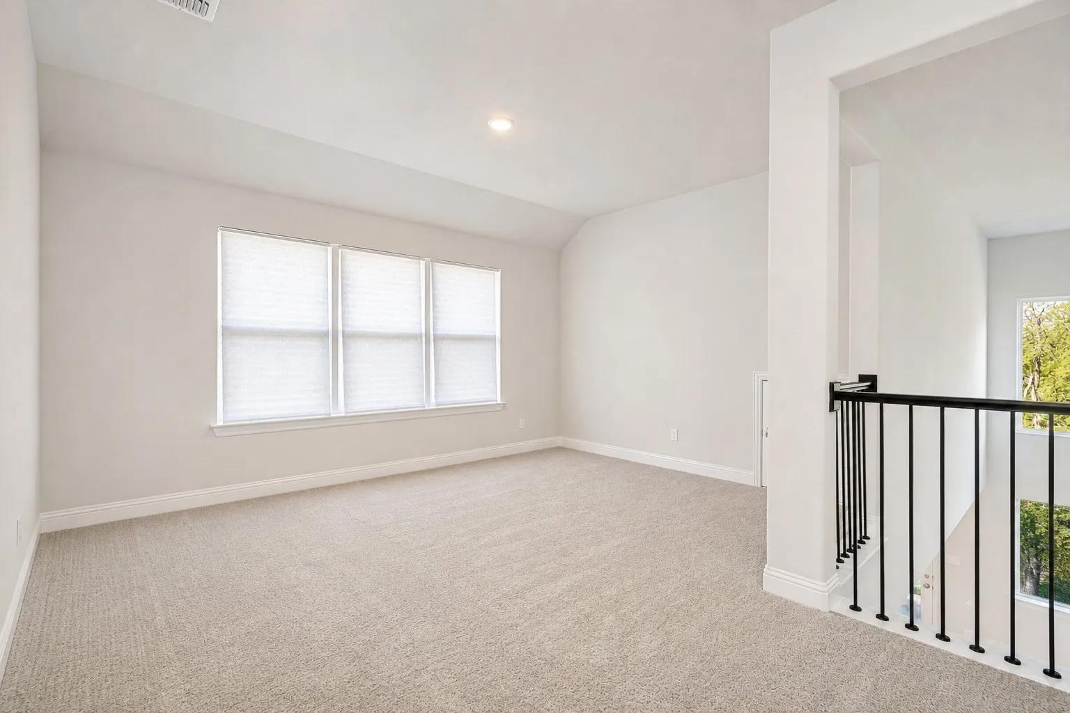 Wall-to-wall carpeting and neutral wall tones define this expansive room, complemented by a recessed light fixture