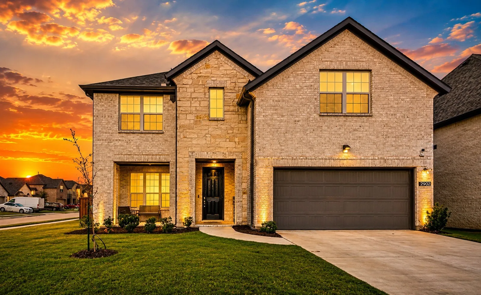Two-story residence featuring a mixed brick and stone facade, an attached two-car garage, established front landscaping, and an inviting covered entry