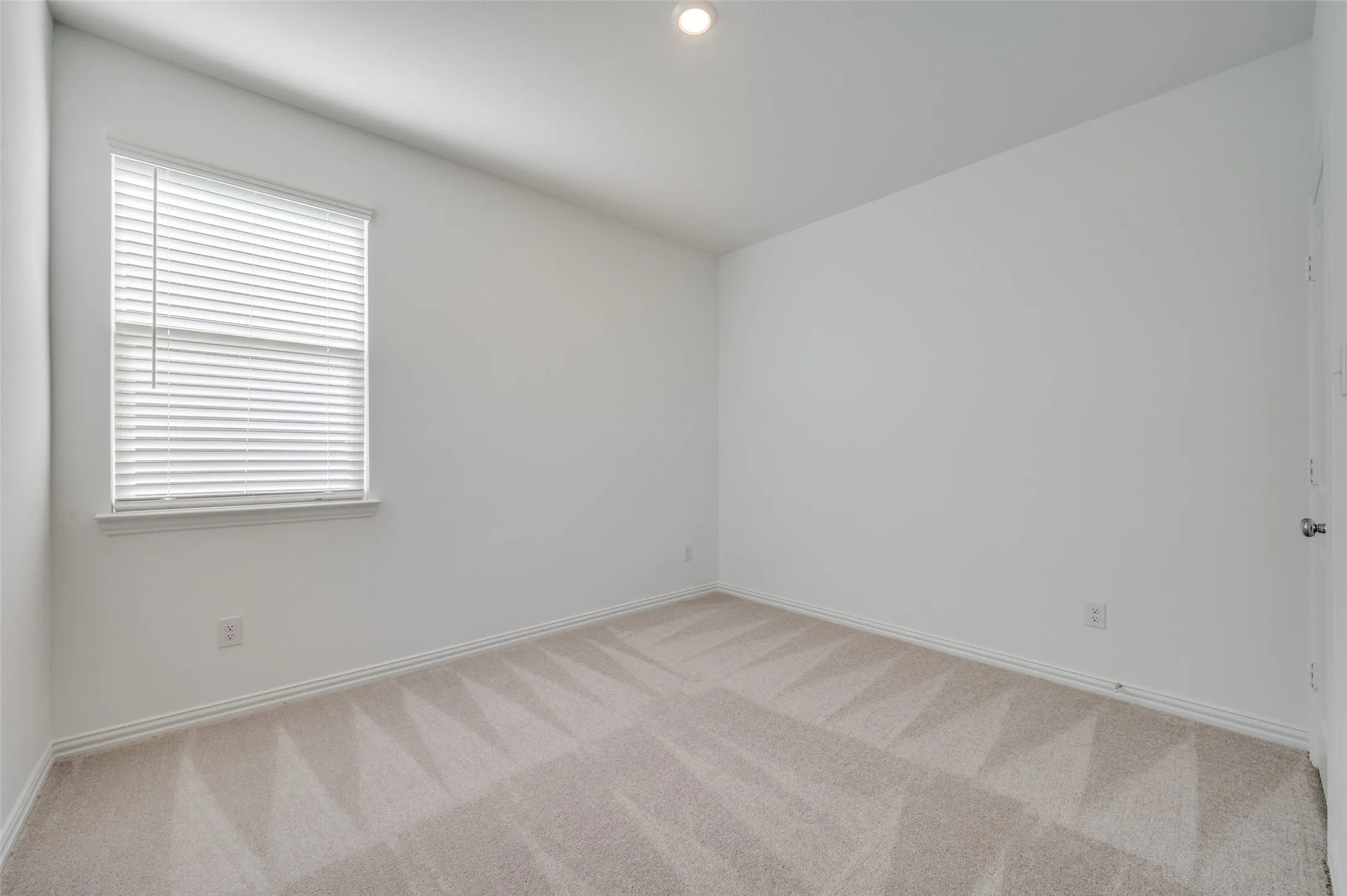Neutral color palette with light-toned carpet, a window with horizontal blinds, and a flush-mounted ceiling light